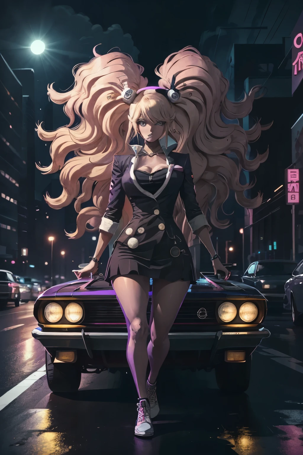 Reverse wave. City, 1969 Nissan S30, wide-body kit, road, purple neon, sun, close-up
(masterpiece, detailed, high resolution), 1hermosa mujer rubia junko estilo neon city, 1girl blonde