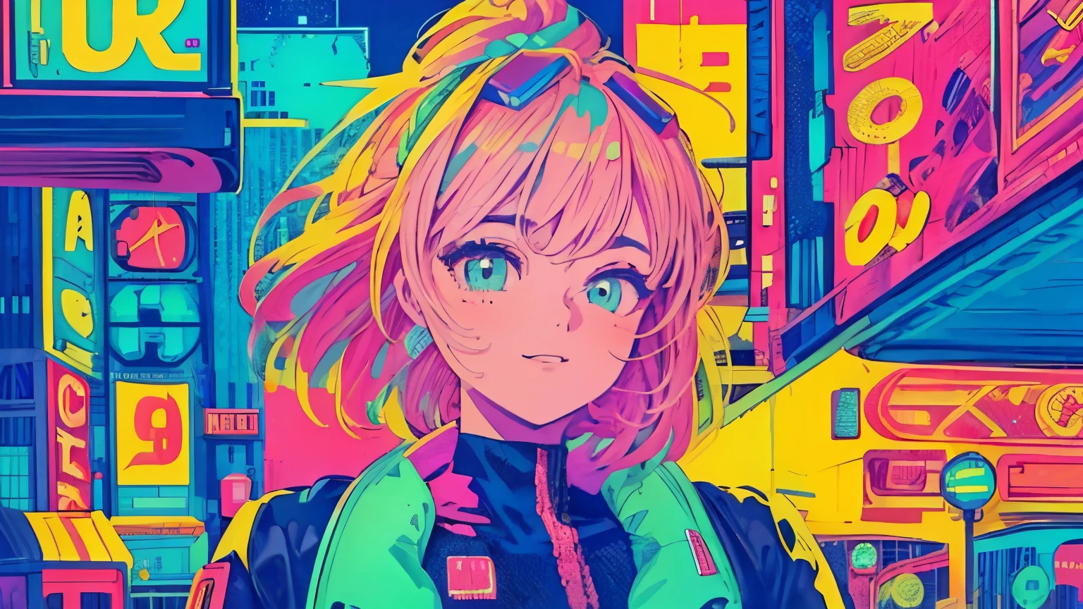 best quality, 4K wallpaper, masterpiece, extremely detailed CG unity 8k wallpaper, extremely detailed eyes, ultra-detailed, intricate details, close up 1 happy girl in center, retro art style, neon_pop art style, public, outdoors, road sign, city, people