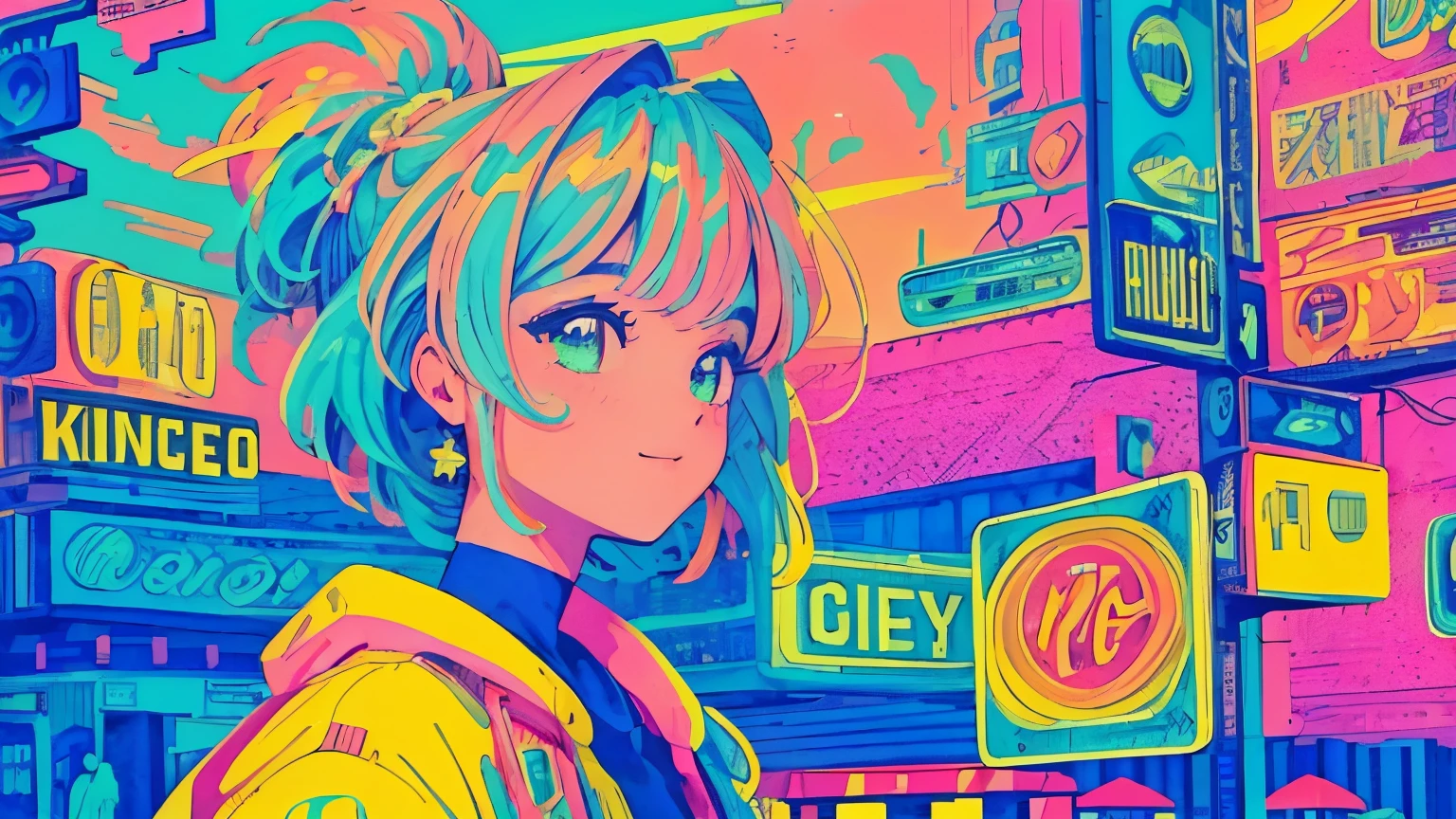 best quality, 4K wallpaper, masterpiece, extremely detailed CG unity 8k wallpaper, extremely detailed eyes, ultra-detailed, intricate details, close up 1 happy girl in center, retro art style, neon_pop art style, public, outdoors, road sign, city, people