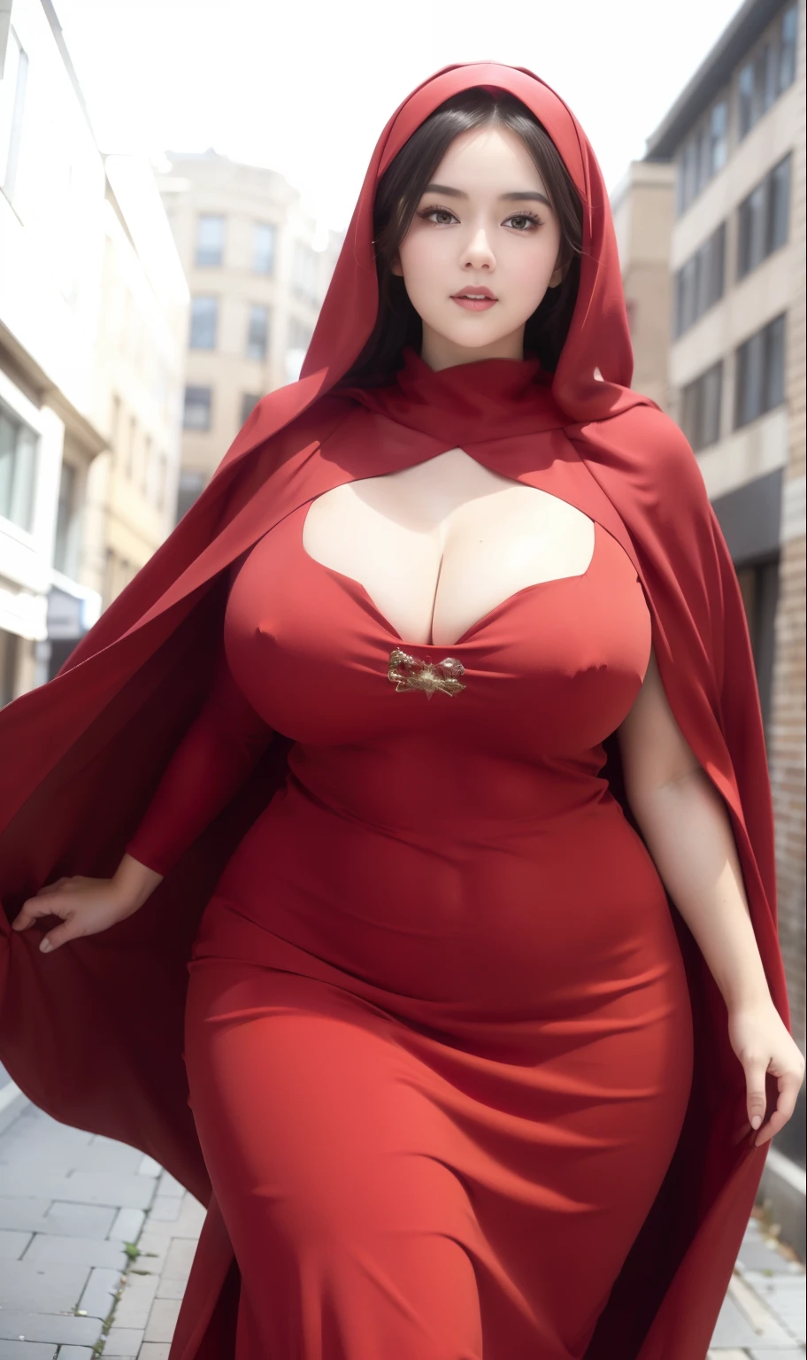 woman in red dress and hijab walking down the street, wearing red clothes and cape, hijab outfit, with a long red cape, hijab fashion model, plus size, plus size woman, wearing red sexy dress, woman in red dress, beautiful burqa's woman, thicc, red outfit,, wearing a red sexy dress, red, with cape, bbwchan, large cleavage, very large cleavage, massive cleavage 