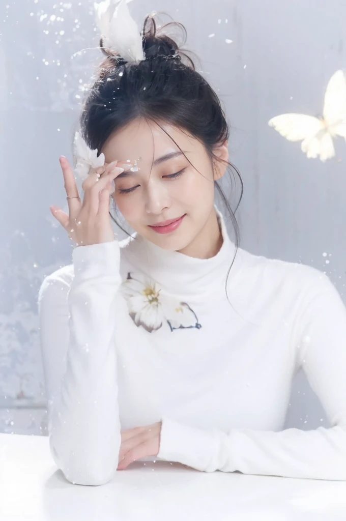 ((Masterpiece, Top image quality, high resolution、alone、shiny skin))(on the table, best quality, actual, super detailed, meticulous, high resolution, 8k wallpaper), Close-up portrait of a beautiful woman, Chariada, smiling, light brown messy hair, Perfect dynamic composition, 美丽meticulous的眼睛, Just like the cover of a fashion magazine, on campus
