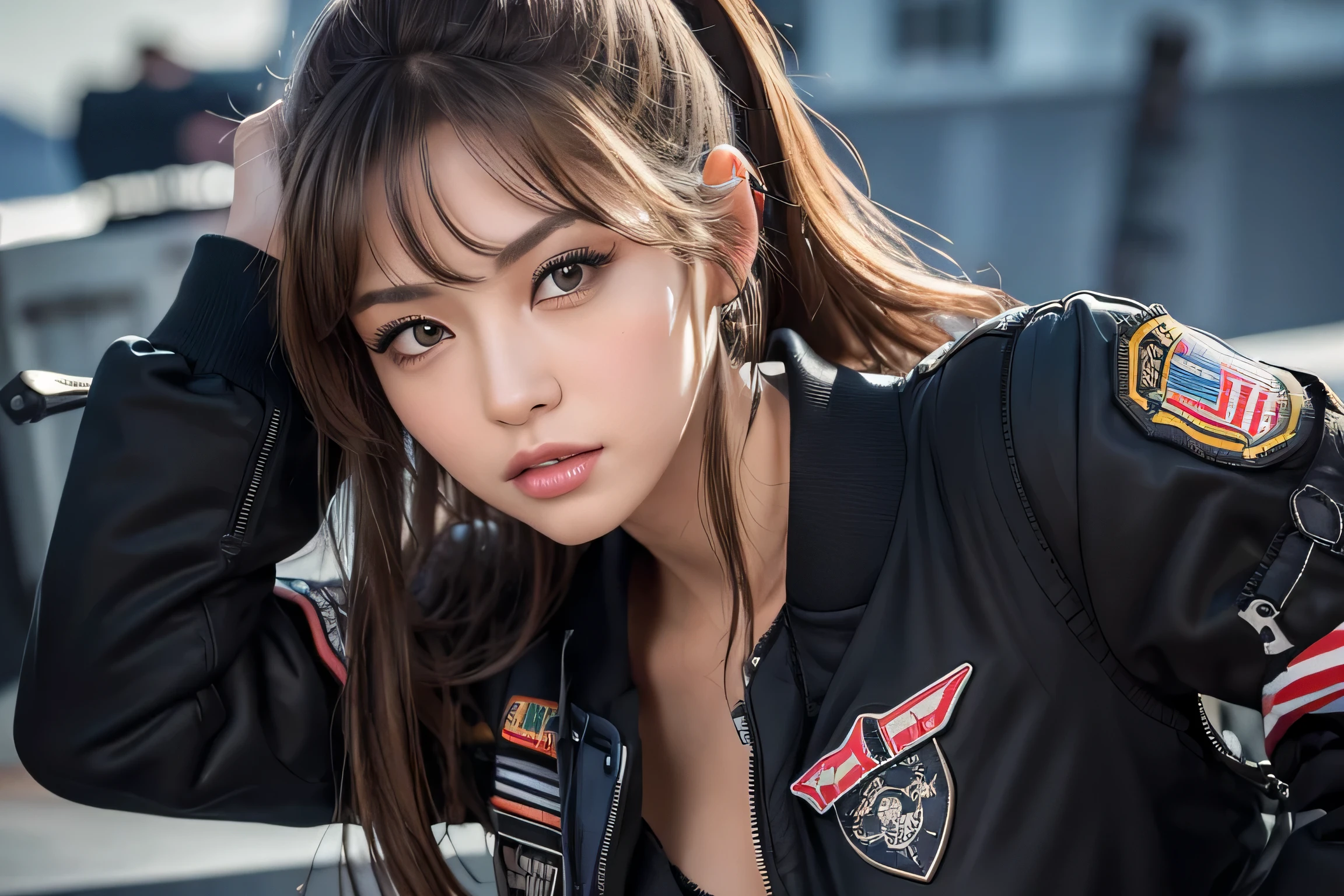 (masterpiece:1.2), ultra detailed, ultra high res, (realistic, photo realistic:1.37), high detail RAW color photo, professional photograph, extremely detailed face, extremely detailed eyes, extremely detailed skin, extremely detailed fingers, highly detailed nose, highly detail mouth, Perfect Anatomy, Highly detailed background, (famous actress of Japan:1.2), (gyaru:1.2), (flat chest), brown race, dark skin, ponytail, (wearing black air bomber jacket with many patches, cargo pants:1.25), (flight deck of aircraft carrier:1.5),