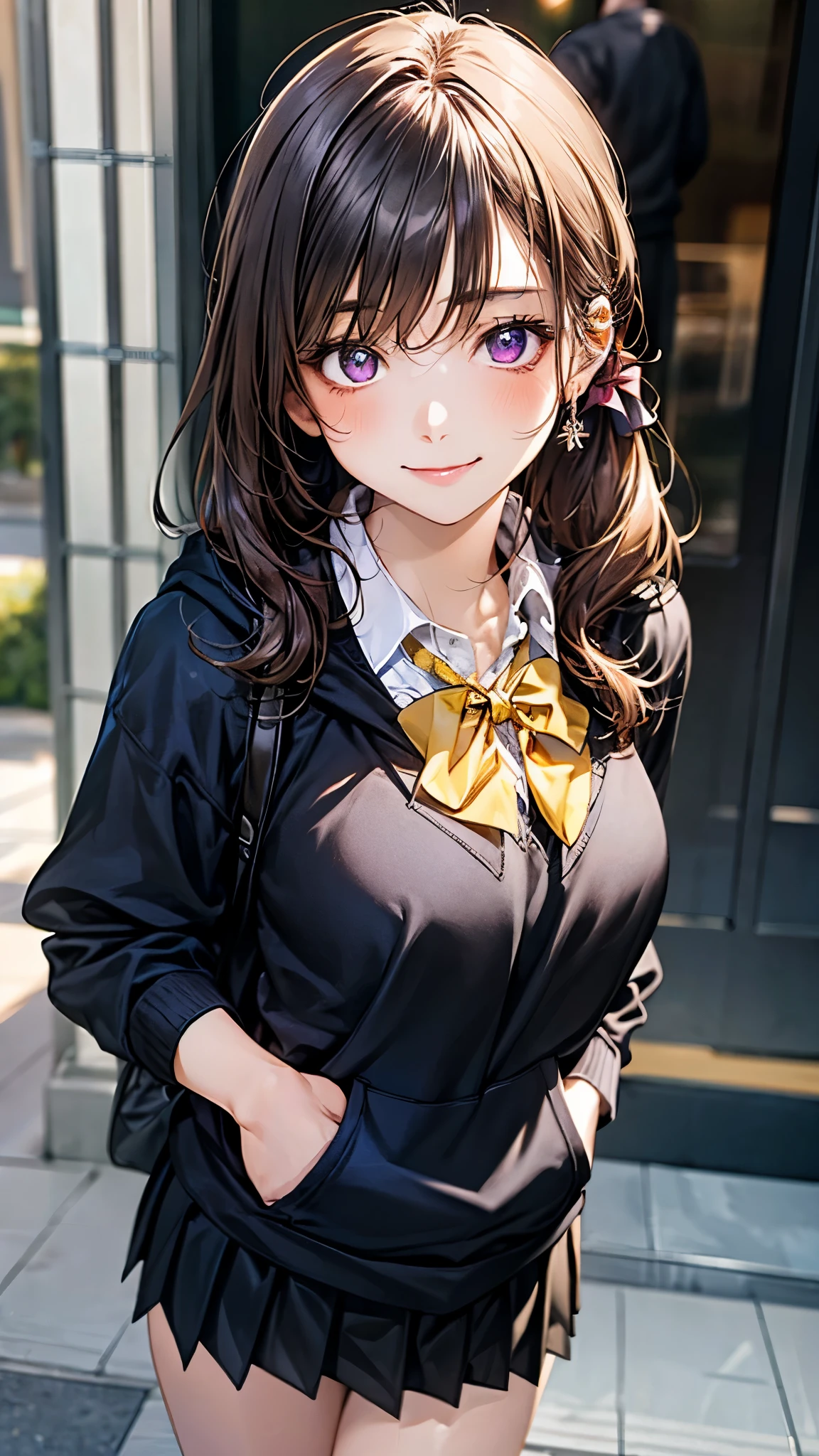 (masterpiece:1.2, top-quality), (realistic, photorealistic:1.4), beautiful illustration, (natural side lighting, movie lighting),
looking at viewer, full body, front view, 1 girl, japanese, high school girl, perfect face, cute and symmetrical face, shiny skin,
(long hair:1.6, ponytail:1.2, sidelocks, brown hair), crossed bangs, dark purple eyes, long eye lasher, (large breasts:0.6, seductive thighs),
beautiful hair, beautiful face, beautiful detailed eyes, beautiful clavicle, beautiful body, beautiful chest, beautiful thigh, beautiful legs, beautiful fingers,
(((black hoodies, open hoodies), long sleeve white collared shirts, black pleated skirt, yellow bow tie)),
(beautiful scenery), evening, riverside, (hand in my pocket), , (lovely smile, upper eyes),