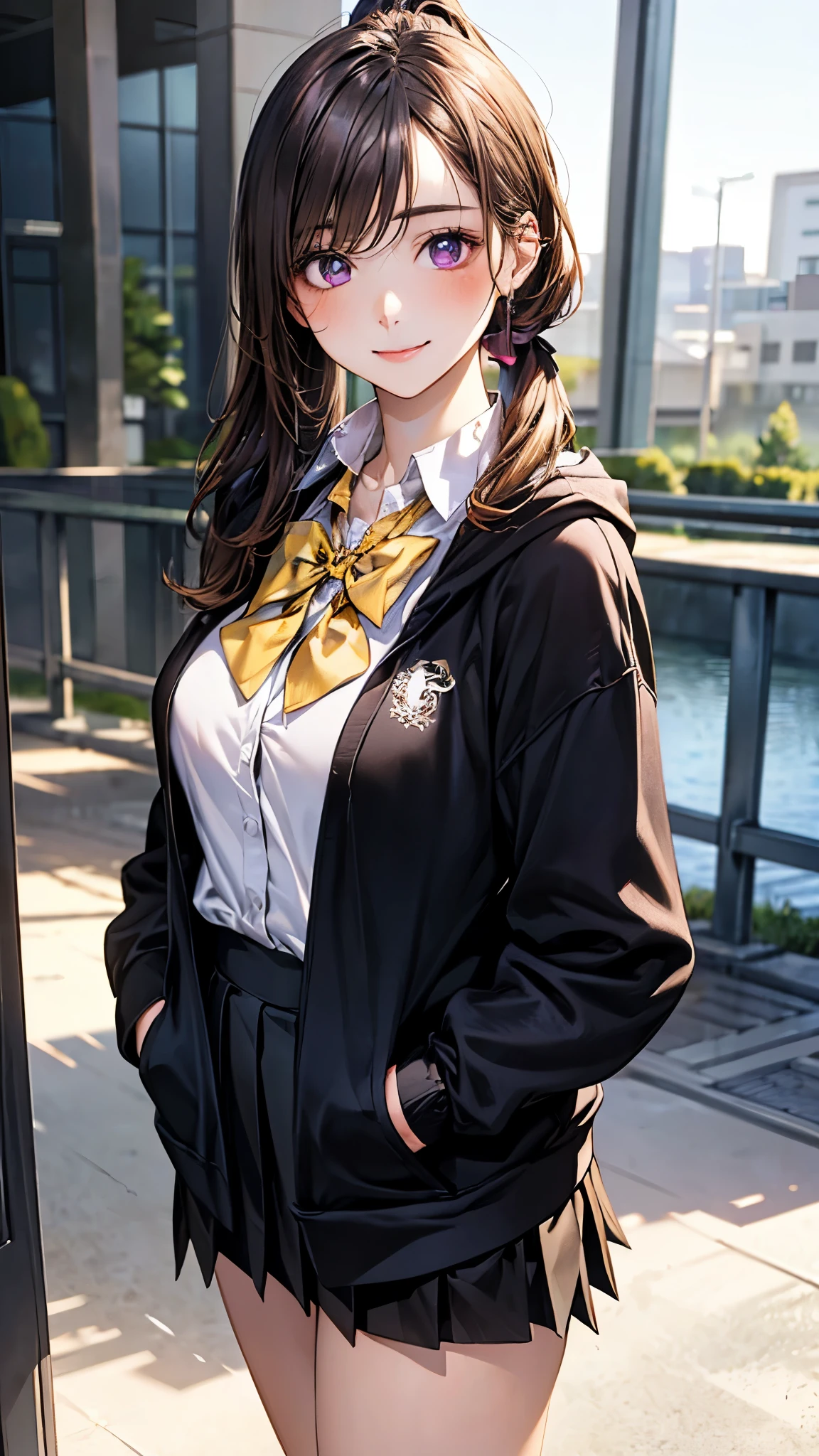 (masterpiece:1.2, top-quality), (realistic, photorealistic:1.4), beautiful illustration, (natural side lighting, movie lighting), 
looking at viewer, full body, front view, 1 girl, japanese, high school girl, perfect face, cute and symmetrical face, shiny skin, 
(long hair:1.6, ponytail:1.2, sidelocks, brown hair), crossed bangs, dark purple eyes, long eye lasher, (large breasts:0.6, seductive thighs), 
beautiful hair, beautiful face, beautiful detailed eyes, beautiful clavicle, beautiful body, beautiful chest, beautiful thigh, beautiful legs, beautiful fingers, 
(((black hoodies, open hoodies), long sleeve white collared shirts, black pleated skirt, yellow bow tie)), 
(beautiful scenery), evening, riverside, (hand in my pocket), , (lovely smile, upper eyes), 
