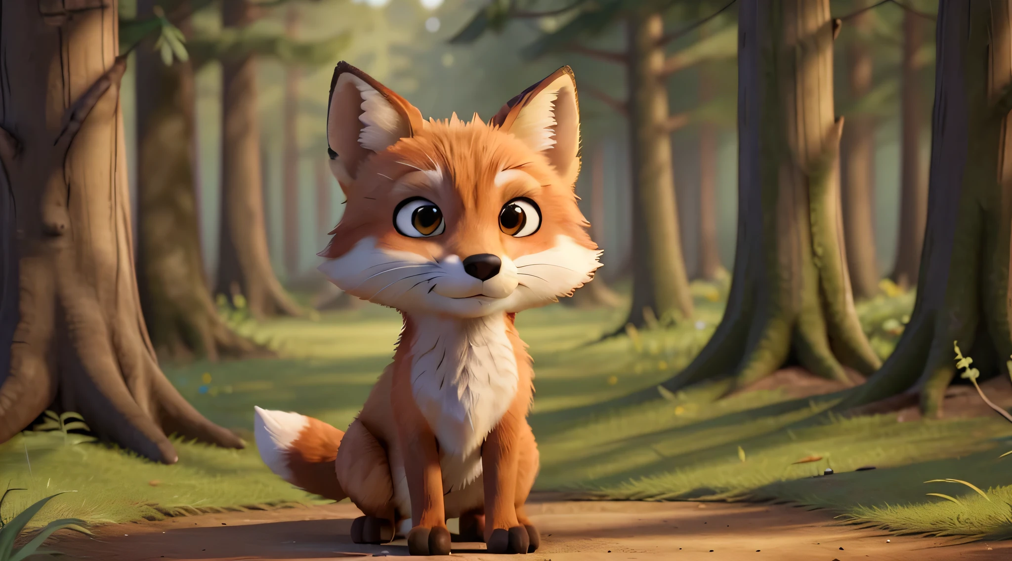 "Young fox in a clearing with animals in the background" ((Best Quality)), ((Masterpiece)), (Detailed: 1.4), 3D, with its animal friends, happy