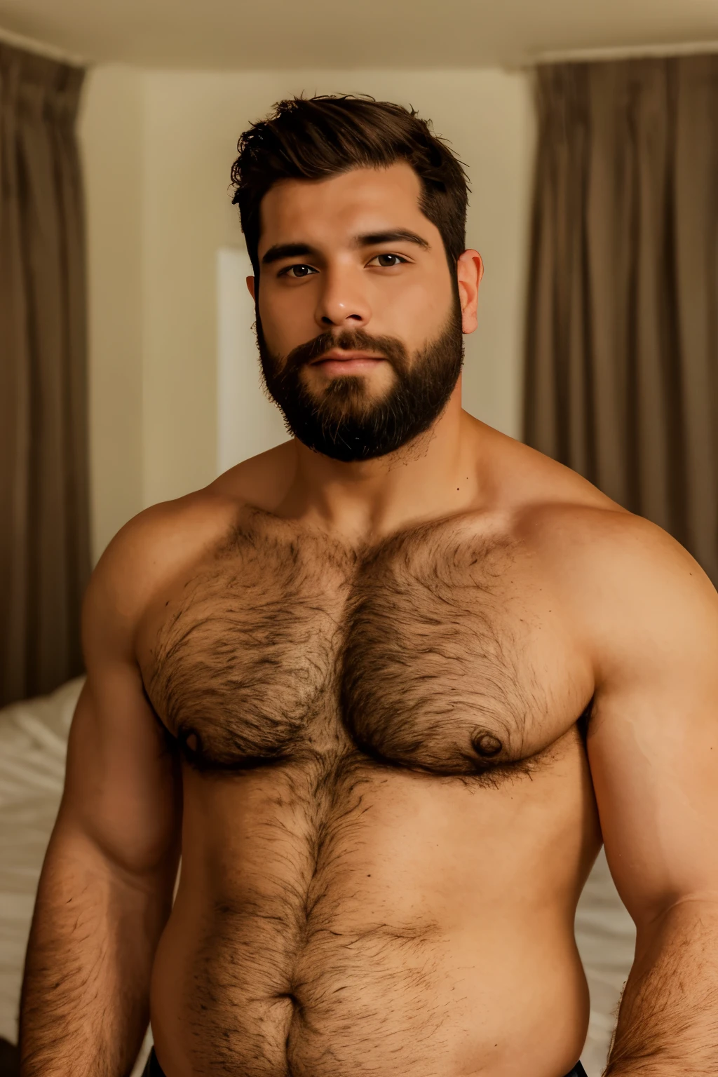 portrait of handsome man, soft belly, shirtless , beard, chest hair, no muscle, not defined, a fat, chubby