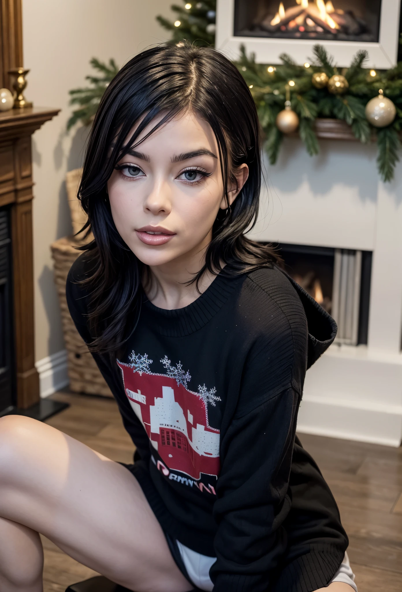 emmanorts, 1girl black long weavy hair, wearing a christmas sweater, christmas decoration in background, lit fireplace in background