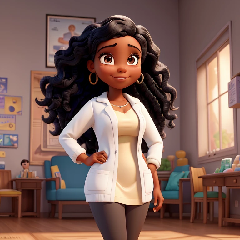 Disney and Pixar Poster of Beautiful Black Latina Pharmacist Woman with Dark Eyes and Medium Wavy Black Hair and Curvy Body, posing smiling for the photo, white pharmacy coat dress in a soft light environment. Melhor qualidade.
