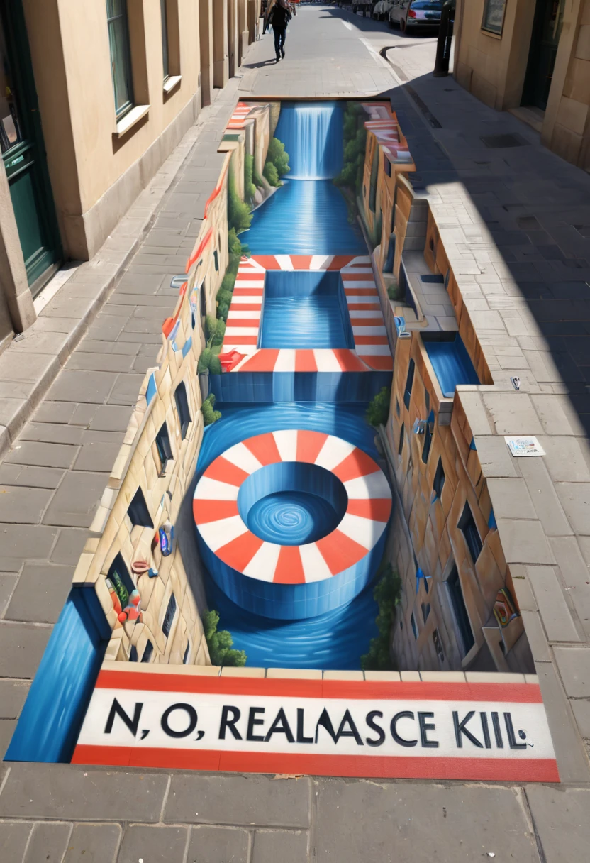 Optical Illusion art, trompe l'oeil, 3d street painting, hand draw, text "no real", enhance, intricate, (best quality, masterpiece, Representative work, official art, Professional, 8k)