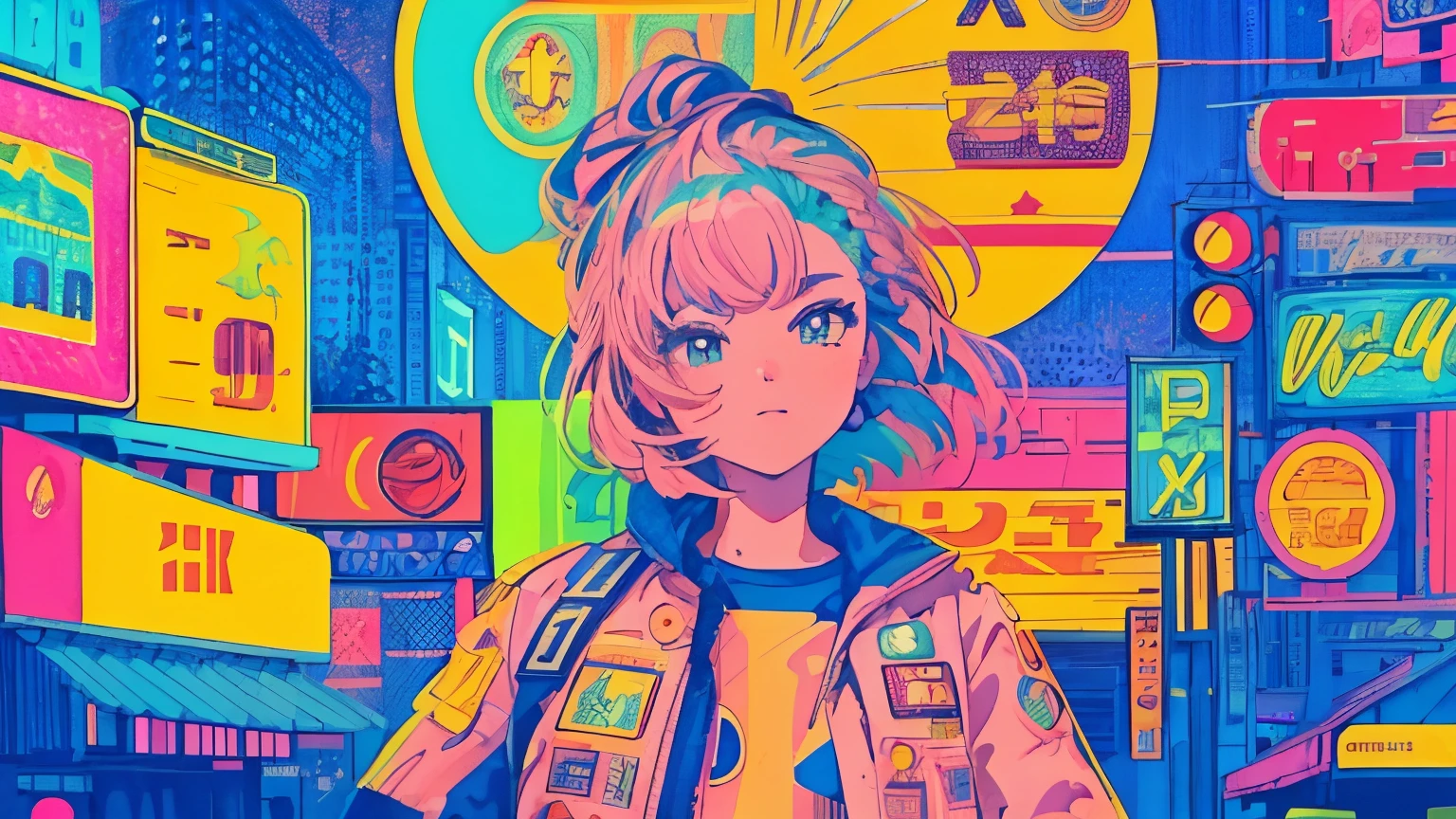 best quality, 4K wallpaper, masterpiece, extremely detailed CG unity 8k wallpaper, extremely detailed eyes, ultra-detailed, intricate details, close up 1 happy girl in center, retro art style, neon_pop art style, public, outdoors, road sign, city, people