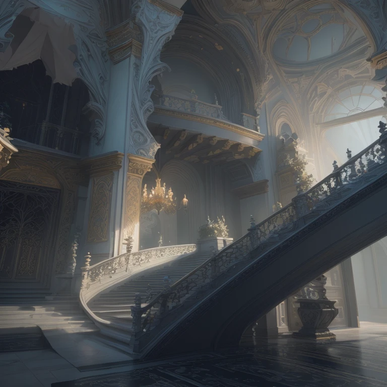 the very fancy building has a very ornate staircase, Volumetric lighting. Fantasy, hyperdetailed Conceptual art, beautiful 3 d Conceptual art, Detailed intricate environments, stuning Fantasy 3 d render, complex detailed environment, Octane render in Art Nouveau style, dramatic lighting. Conceptual art, Fantasy architecture, Roland Zilvinskis 3D rendering, archillect Conceptual art