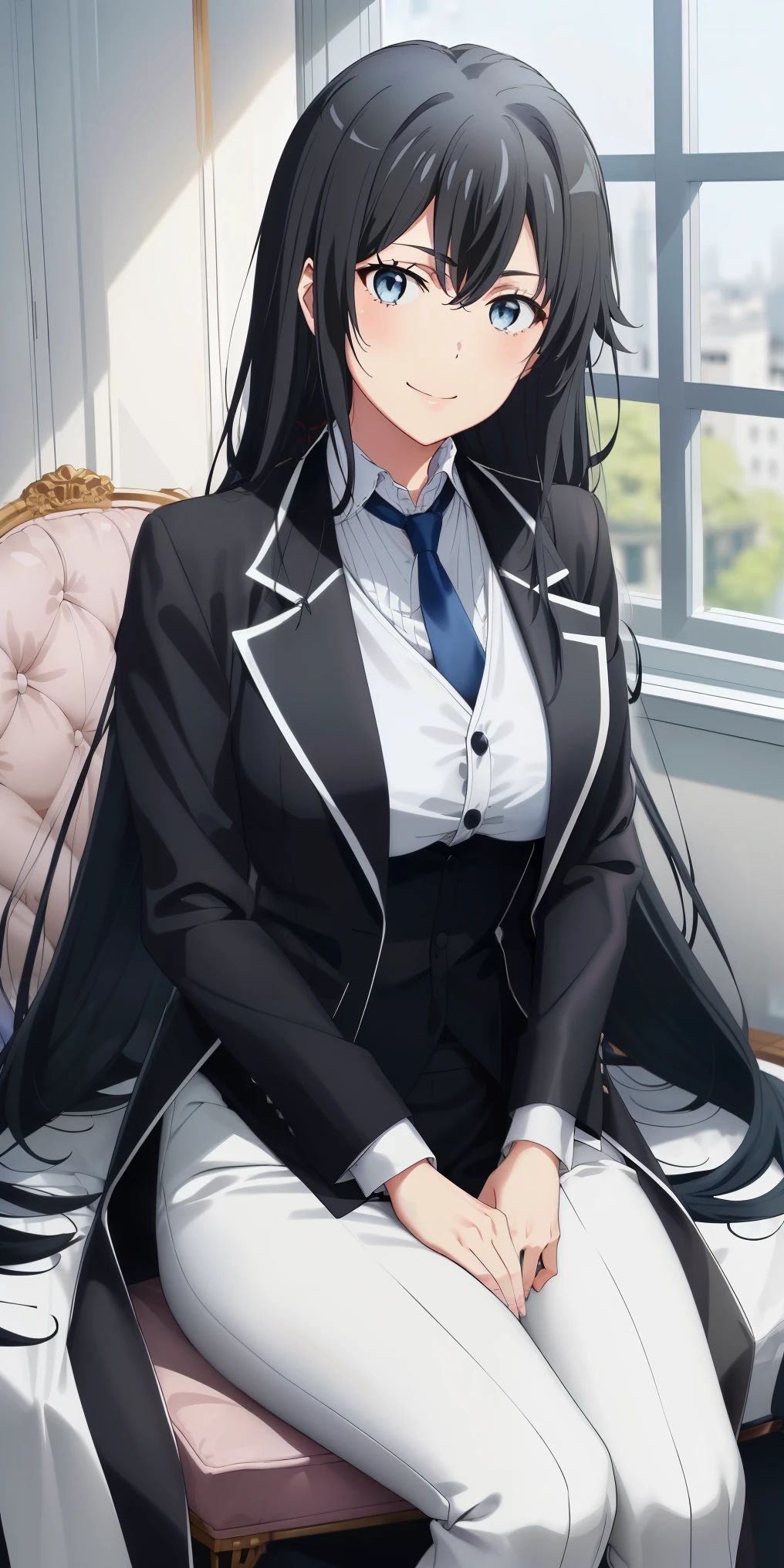 ((best quality)), ((masterpiece)), (detailed) 1girl 1girl, ;\), blurry, blurry_background, breasts, , hair_long looking_at_viewer, ok_sign, open_hand, Yukinoshita Yukino ,Woman wearing formal clothes, An attractive coat sitting on chair in the room , 1girl, 独奏, blue necktie, Black hair, eyes blue, long hair, smile , collared shirt, white pants, white shirt , Elegantly designed coat , Stand in front of a window ,Perfectly tailored tailcoat. It has a stunning Victorian design and is made of lustrous fabric , full body ,tailcoat butler suit, elegant pose, serene expression, flowing long hair, soft lighting, pastel color palette, detailed lace and embroidery, realistic portrait, fine brushwork, delicate facial features, captivating eyes, graceful gestures, refined atmosphere, vintage decor, polished silverware, elaborate floral arrangement, polished marble floors