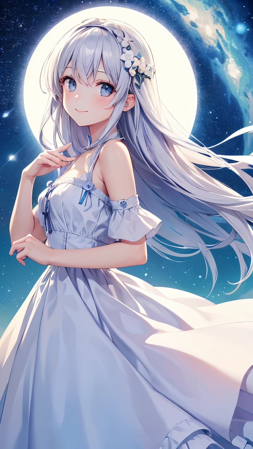 (Higher resolution, clearly_image) A pretty maiden，white dress, gentle eyes，Smile，Stand upright，masterpiece, Exquisite facial features, facial details,starry sky background