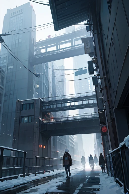 100-story building, Connect buildings with sky bridges, many people passing by on the street, snowy weather