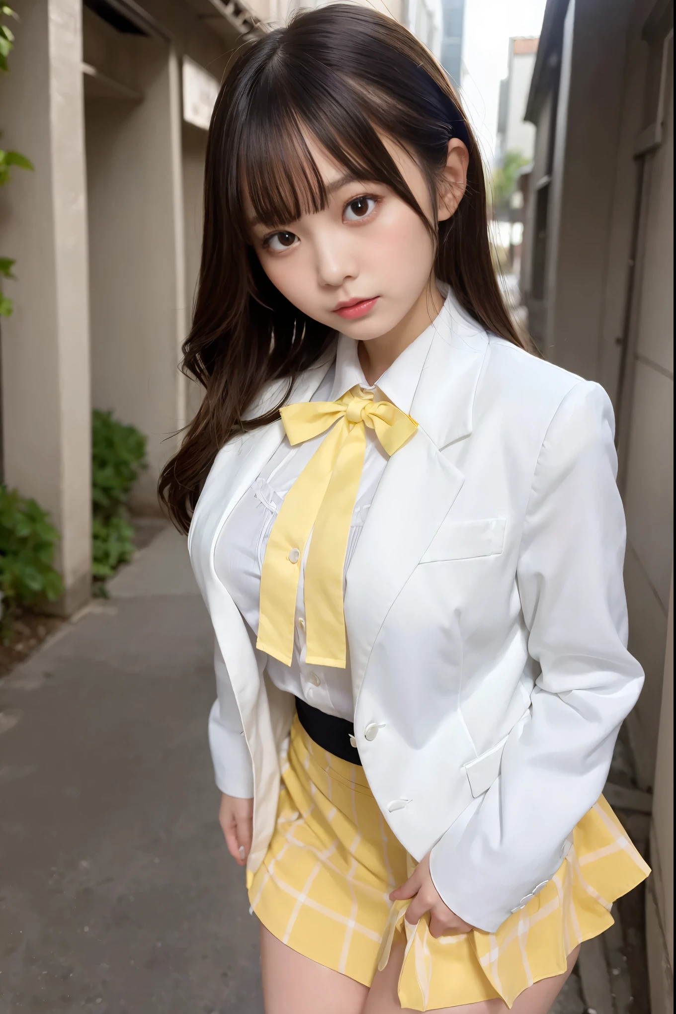 (masterpiece, best quality),
1girl, undressing, panty pull, white panties,
break, girl, , blazer, white collared shirt, yellow neck ribbon, checked skirt, black long hair, yellow eyes, large breasts, (wavy mouth:0.8), closed mouth, blush
break background outdoors, alley