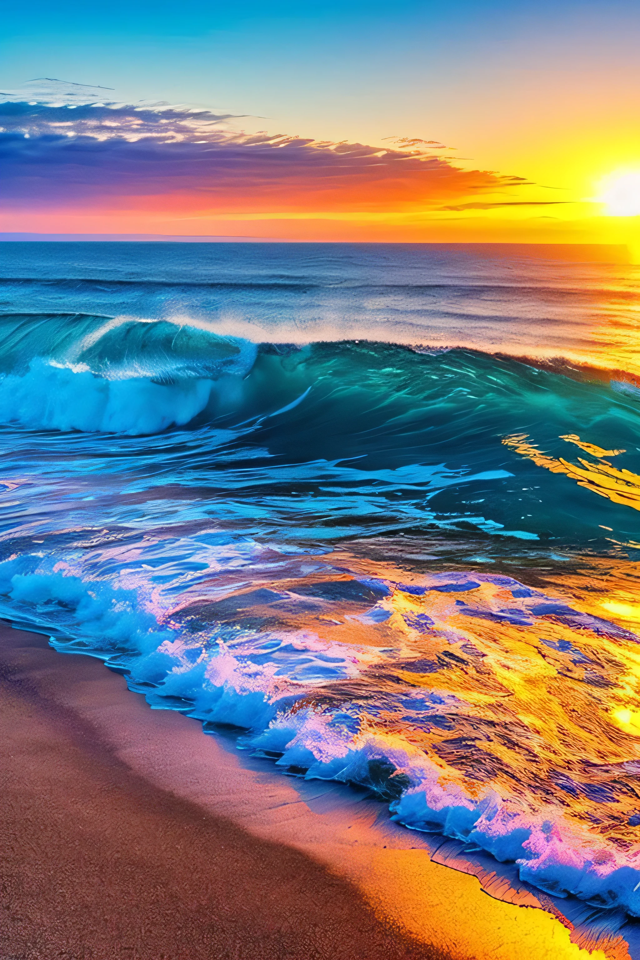 Gorgeous sunrise background with sea, blue water, many waves