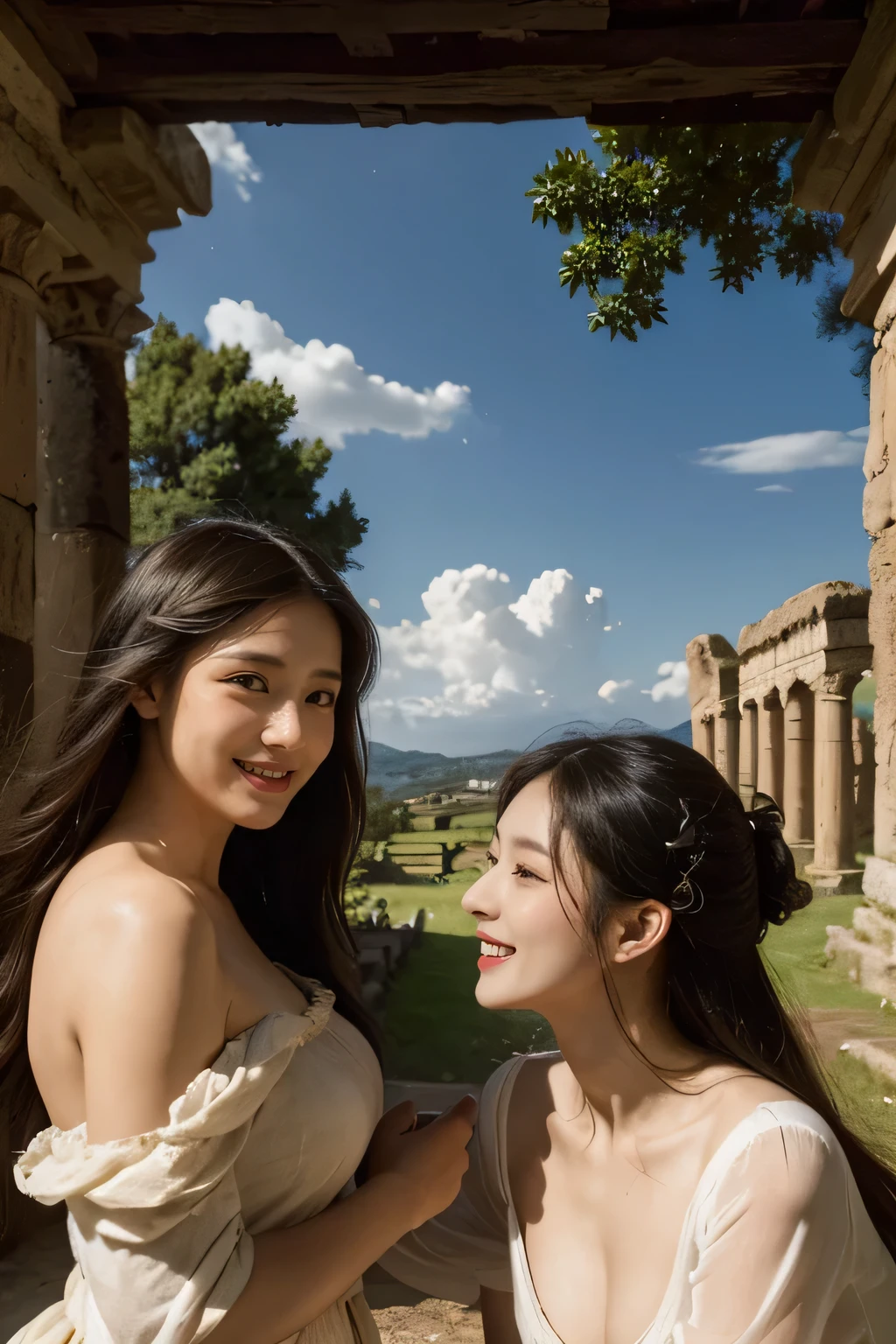 Ancient Roman ruins,landscape in the style of Poussin,A smile,,Sweet and seductive appearance.、Caravaggio's paintings、Chiaroscuro of Caravaggio、Hair disheveled in the wind,Two women frolicking,Cute smile, Expression of ecstasy,A sexy,erotick