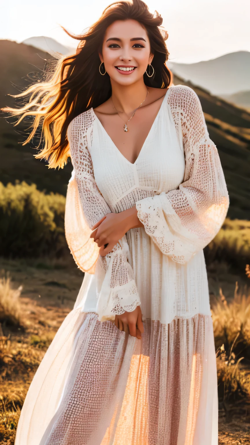 Hyper-Realism, (Photorealsitic:1.4), 8K, maximum resolution, (​masterpiece), highly detailed, best quality, Refined face, beautiful woman, detailed beautiful eyes and lip, beautiful face, 22yo, (full body:1.3), (whole body:1.3), Bohemian style maxi dress, natural physique, wavy hair, joyful expression