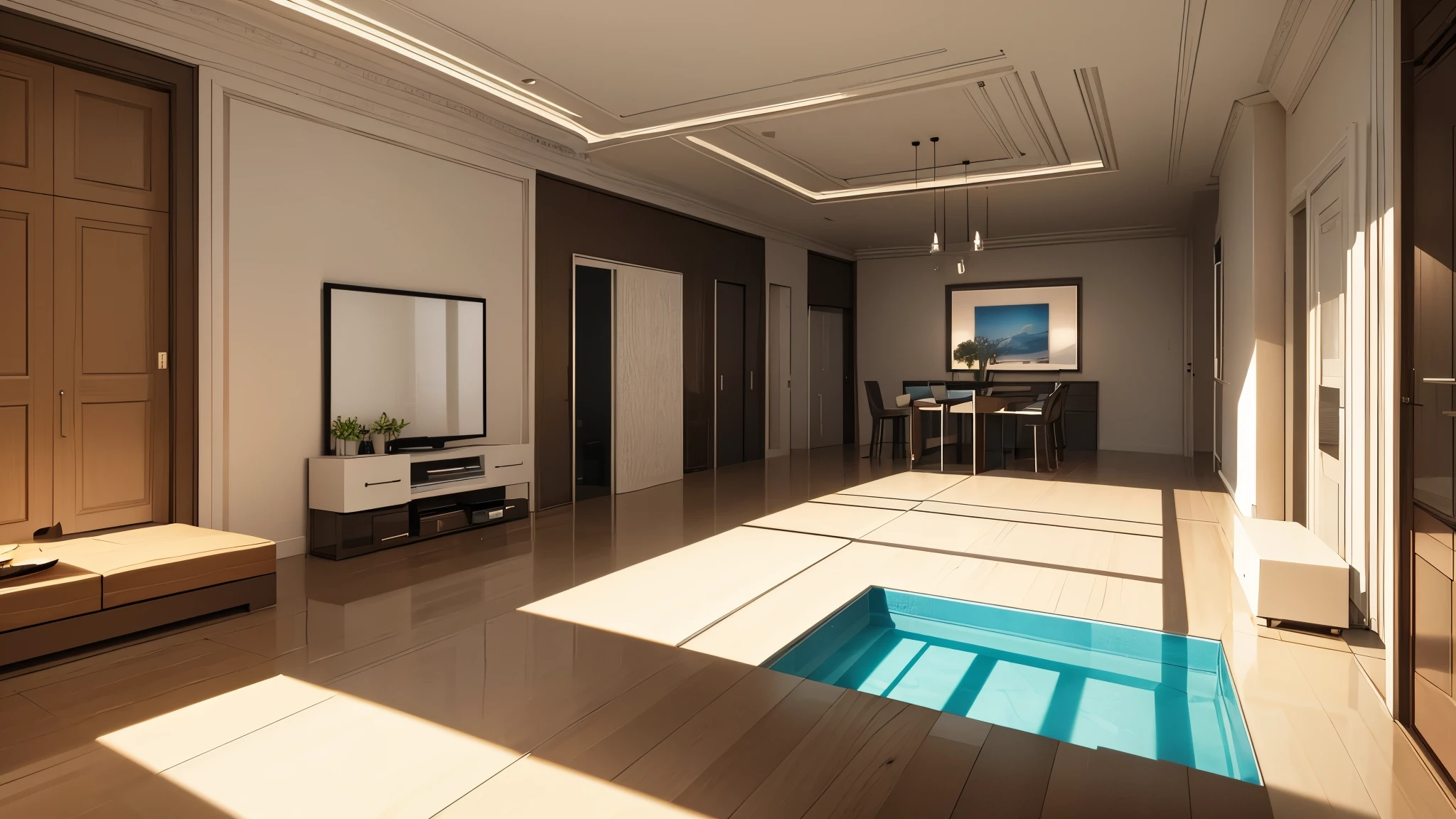 You are a famous interior designer、You have been asked to create a 3D image of a modern large room. Create a harmonious environment with modern and minimalist furniture. Including garden interior.