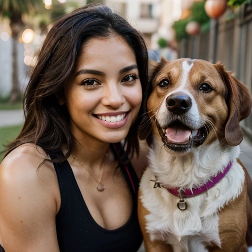 Mujer, latina, modelo de Instagram, between 25 to 30 years. Sonriendo con dientes perfectos, fitness, junto a un perro beagle cachorro