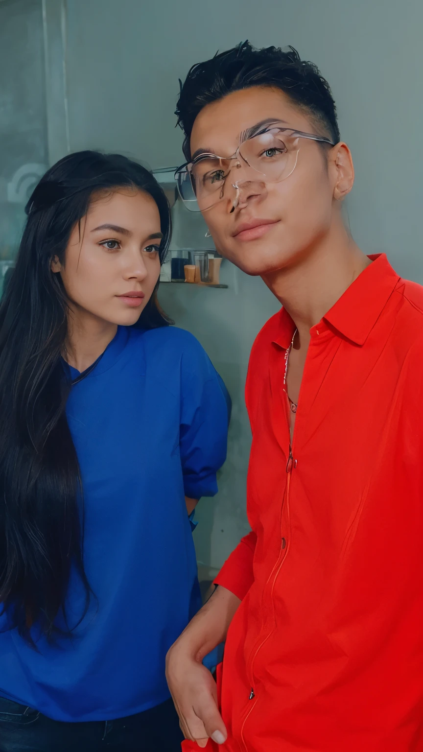 Me and my gf coffee shop futuristic background realistic realistic face