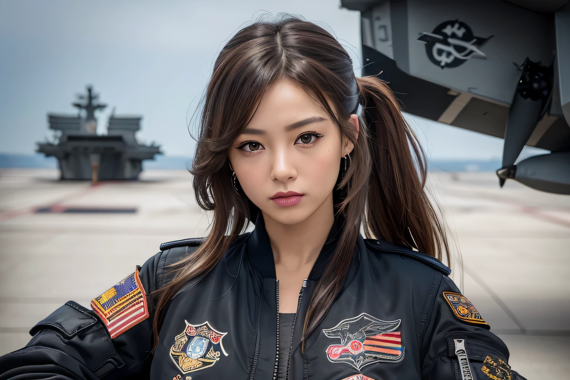 (masterpiece:1.2), ultra detailed, ultra high res, (realistic, photo realistic:1.37), high detail RAW color photo, professional photograph, extremely detailed face, extremely detailed eyes, extremely detailed skin, extremely detailed fingers, highly detailed nose, highly detail mouth, Perfect Anatomy, Highly detailed background, (famous actress of Japan:1.2), (gyaru:1.2), (flat chest), brown race, dark skin, ponytail, (wearing black air bomber jacket with many patches, cargo pants:1.25), (flight deck of aircraft carrier:1.5),