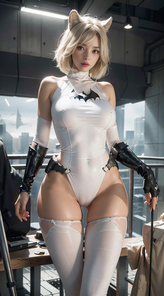 RAW, Masterpiece, Super Fine Photo, Best Quality, Ultra High Resolution, Photorealistic Photorealism, Sunlight, Full Body Portrait, Amazing Beauty, Big Breasts, (Dynamic Pose), Delicate Face, Vibrant Eyes, She Wears Futuristic Batman Costume, Legging Pants, High Neck Top, Bare Shoulders, Batman Ears, Standing, Very Detailed Background, Detailed Face, Detailed Complex Busy Background, Messy, Gorgeous, Milky White, Highly Detailed Skin, Realistic Skin Details, Visible Pores, Sharp Focus, Volumetric fog, 8k uhd, DSLR, high quality, film grain, fair skin, photorealism, lomography, huge metropolis in futuristic dystopia, seen from below, translucent, camel toe,(((all nude)))