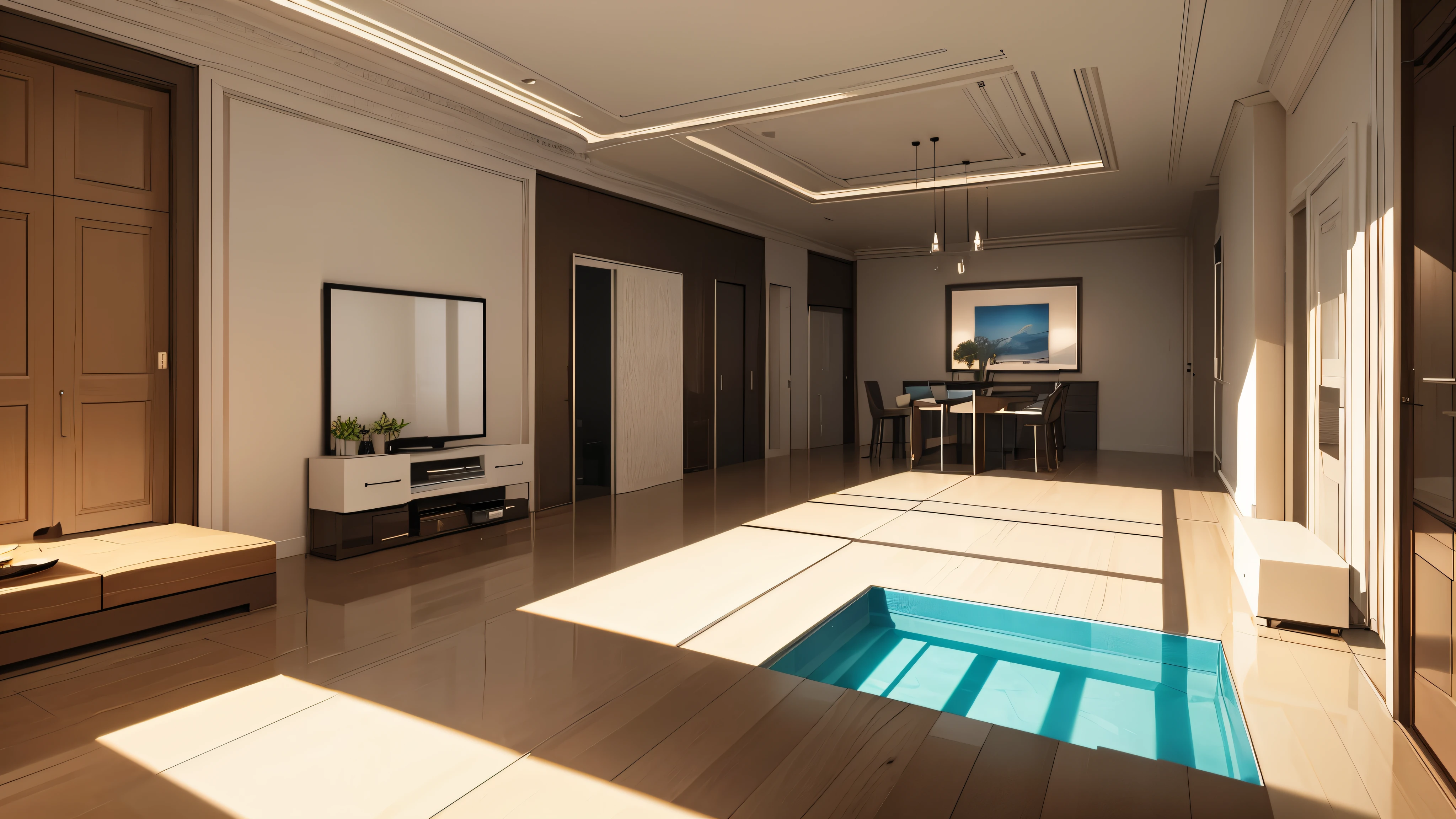 You are a famous interior designer、You have been asked to create a 3D image of a modern large room. Create a harmonious environment with modern and minimalist furniture. Including garden interior.
