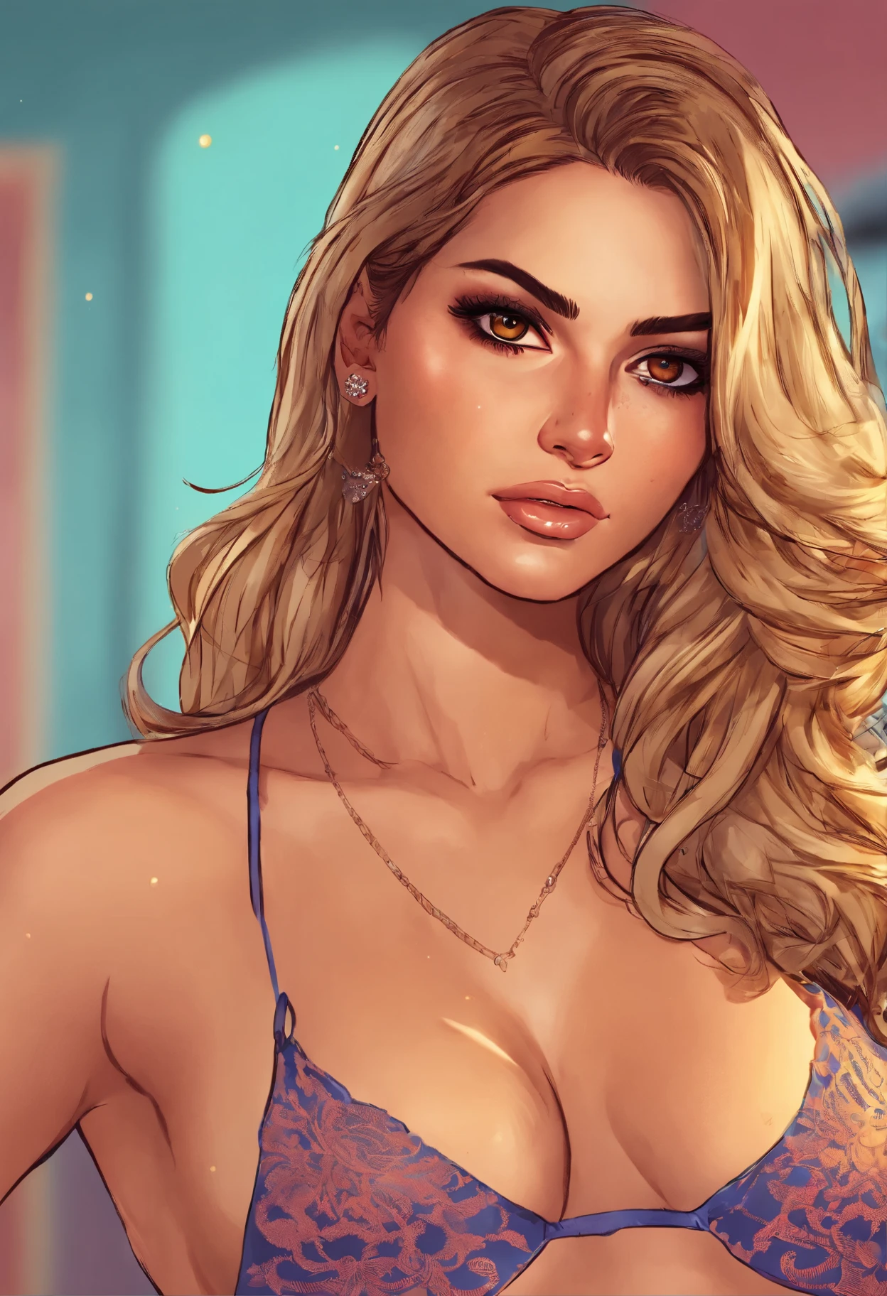 (best quality,realistic,highres:1.2),ultra-detailed,beautiful detailed eyes,beautiful detailed lips,extremely detailed eyes and face,long eyelashes,30 year old Iraqi woman with wavy and flowing brown hair and blonde highlights,blue lace lingerie,brown eye color,soft and alluring facial expression,vivid colors,studio lighting