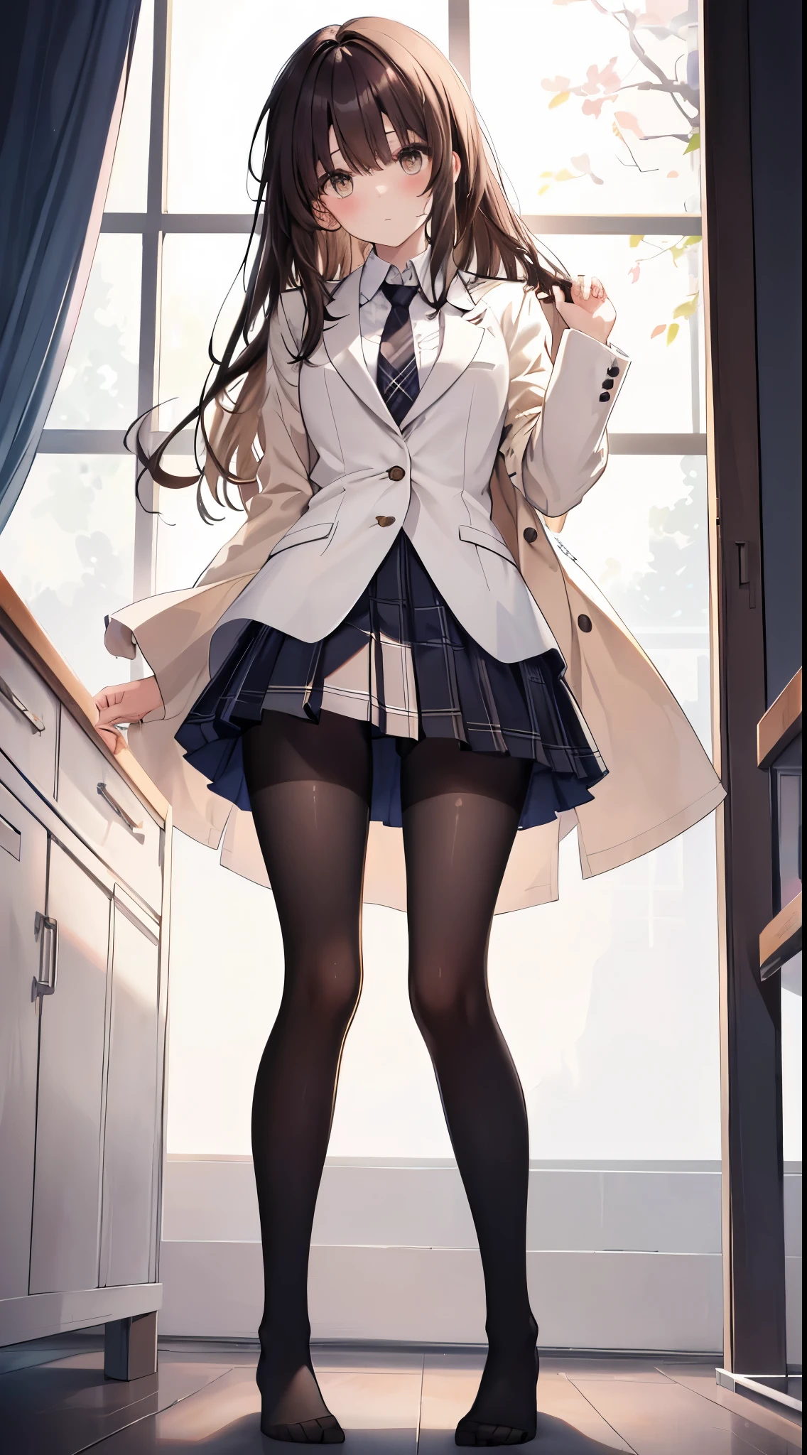 finest, masterpiece, High resolution, (Full body view from head to toe), front, frontやや下からの構図, Symmetrical, 18 year old girl, alone, (whole body from head to toe), small breasts, brown hair, slightly messy hair, long hair, bangs, (black tights), ( (black pantyhose), black pantyhose, (squating pose), (bondage), (spread legs), (tie one&#39;s hands behind one&#39;s back), (Her legs are spread and her white panties are visible between her legs.), composition show me your white panties, slender beautiful legs, とても美しい18 year old girl, (not wearing shoes), blush, shy big eyes, messy hair, looking at camera, show me your white panties, Hide your arms behind your back,  Blazer Uniform, plaid pleated skirt, beige cardigan