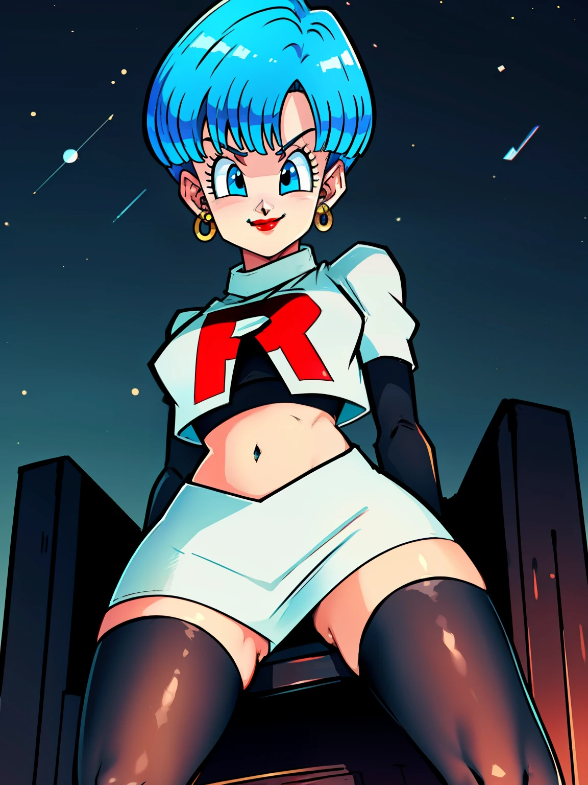 buruma_dbz_buu, aqua hair, short hair, blue eyes,earrings ,red lipstick, blue eye shadow, heavy makeup ,team rocket uniform, red letter R, white skirt,white crop top,black thigh-high boots, black elbow gloves, evil smile, looking down on viewer, sitting down ,legs crossed, night sky background