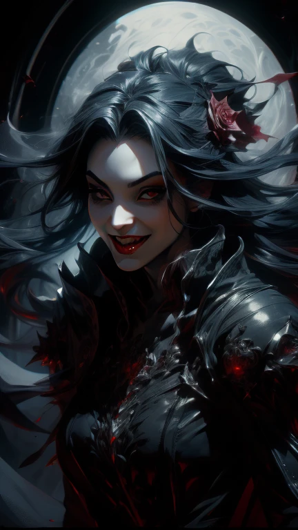 (best quality), (high detail), (close up),(vampire fangs), (1girl), a beautiful gothic vampire with snow white skin jet black hair and mascara running down her face, (fangs), crazy smile, (black and white effect), (black roses), dark and foggy background, HDR, 4K, 3D