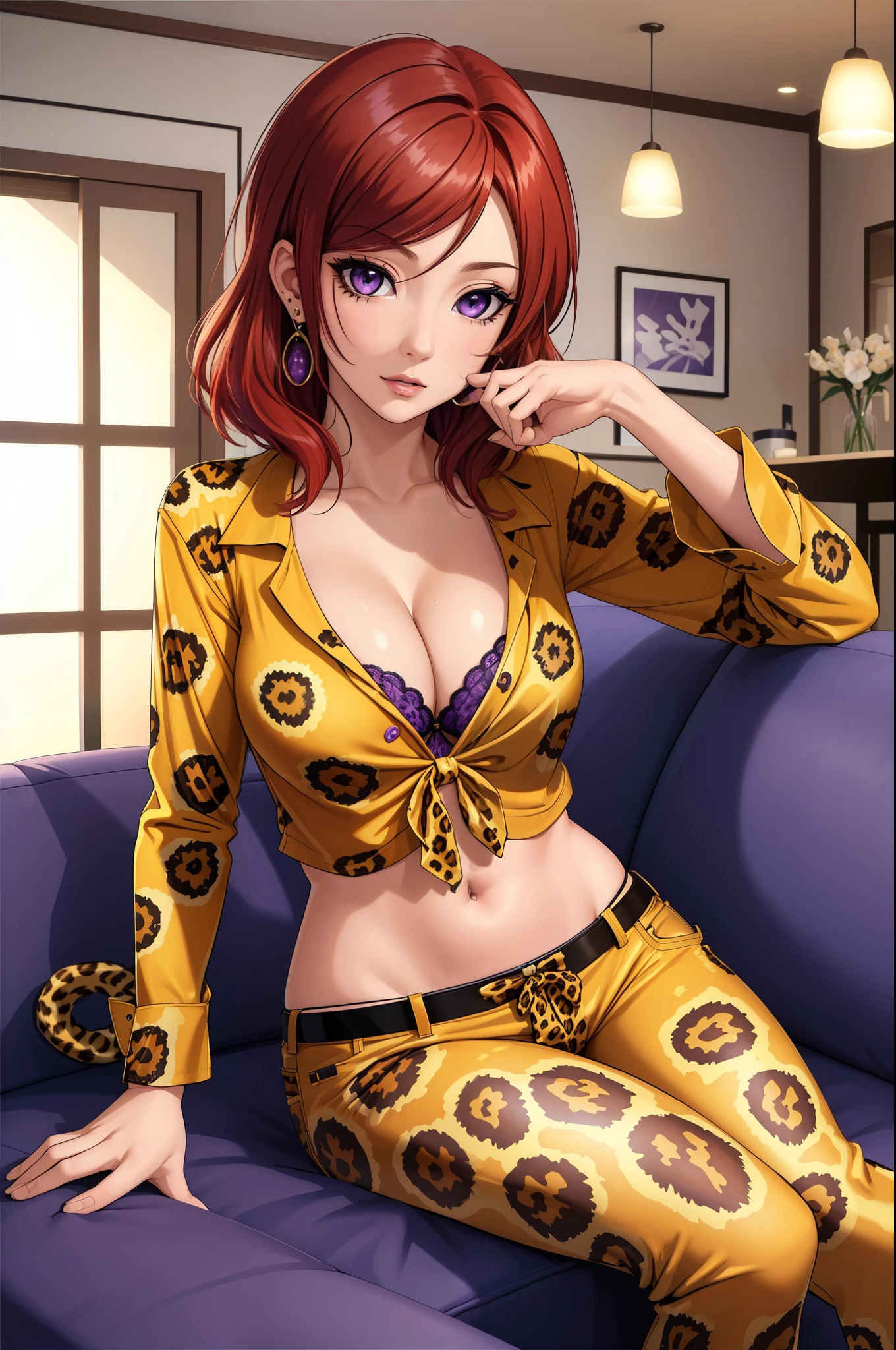 (Masterpiece, Best Quality, High Quality),
Nishikino maki,
Red hair, ultra detail hair, ultra detail face, perfect eyes, perfect face, earring, purple eyes,jealous, living room,
Leopard print blouse, leopard print pajamas pants, curvy hips