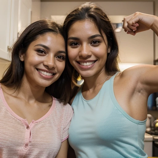 Mujer, latina, modelo de Instagram, between 25 to 30 years. Sonriendo con dientes perfectos, fitness, next to a one--old gle dog