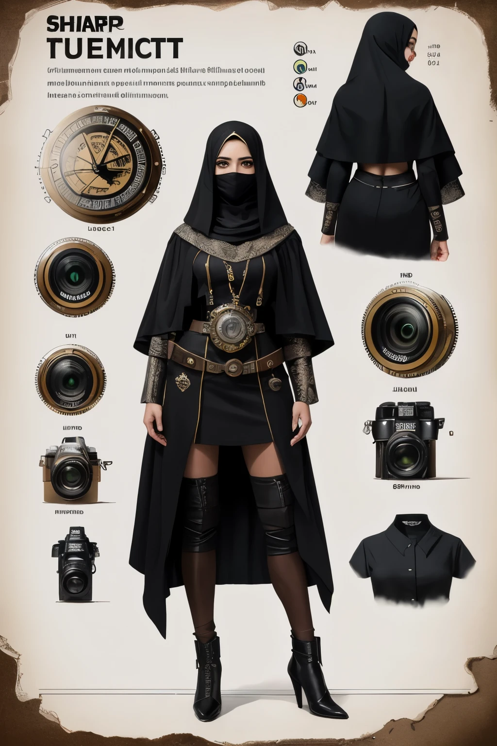 black female thief, wearing a mended and patched poor black cloth , face covered, cloth have steampunk and Arabian ecstatic and full body covered clothed, full body shot, mix of bold dark lines and loose lines, bold lines, on paper, turnaround character sheet, a short fat mechanic in steampunk world, (Eye makeup:1.1), (highly detailed skin:1.1), RAW, analog style, sharp focus, 8k UHD, DSLR, high quality, Fujifilm XT3, grain, award winning, masterpiece