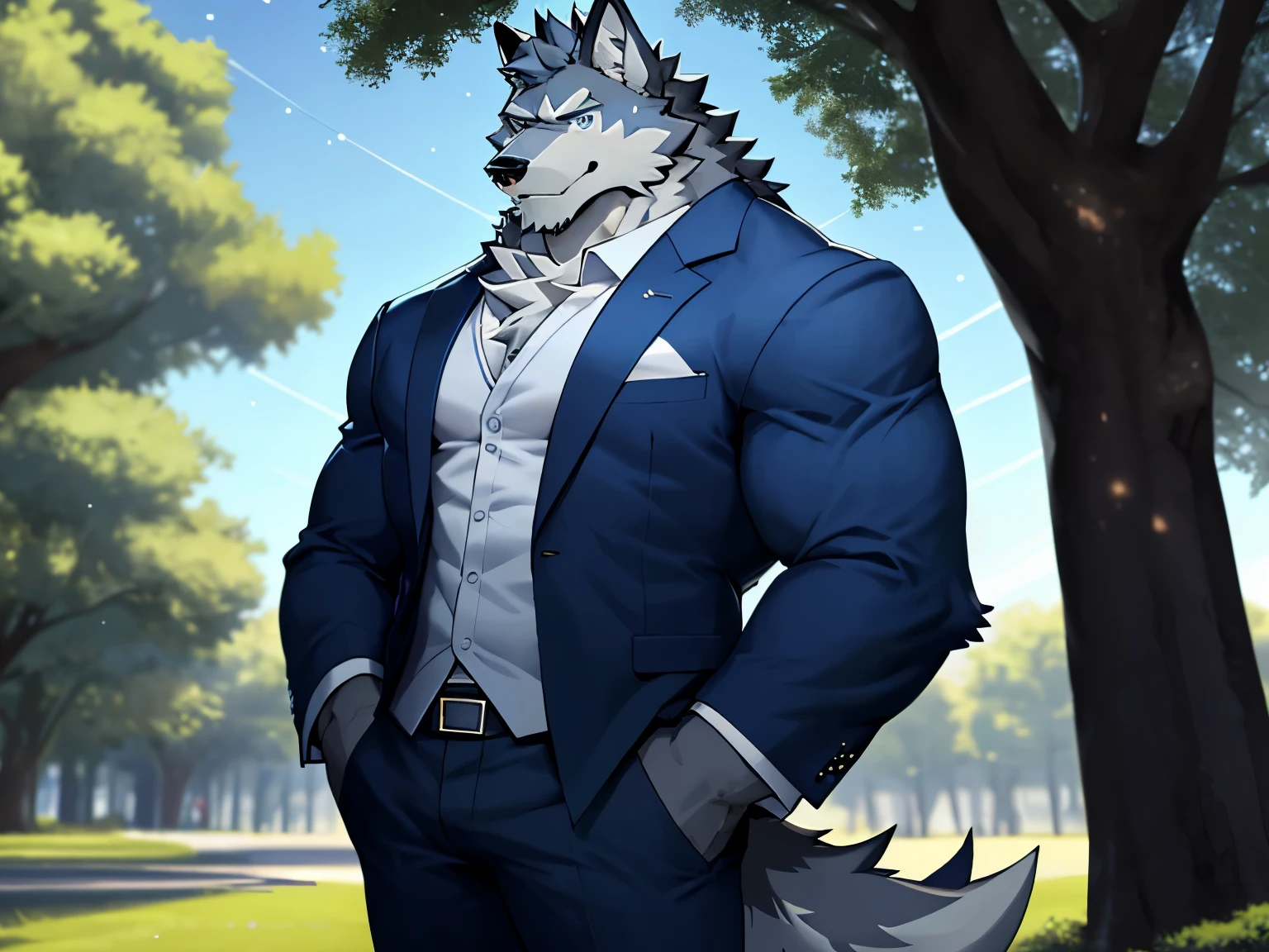 An image of a furry grey wolf with starry-like pupils, blue eyes, standing alone under the shade of a tree. He is a male with a muscular build, particularly his pecs. He is wearing a casual suit with the top slightly open. His eyes are double-lidded and captivating, with a seductive expression.