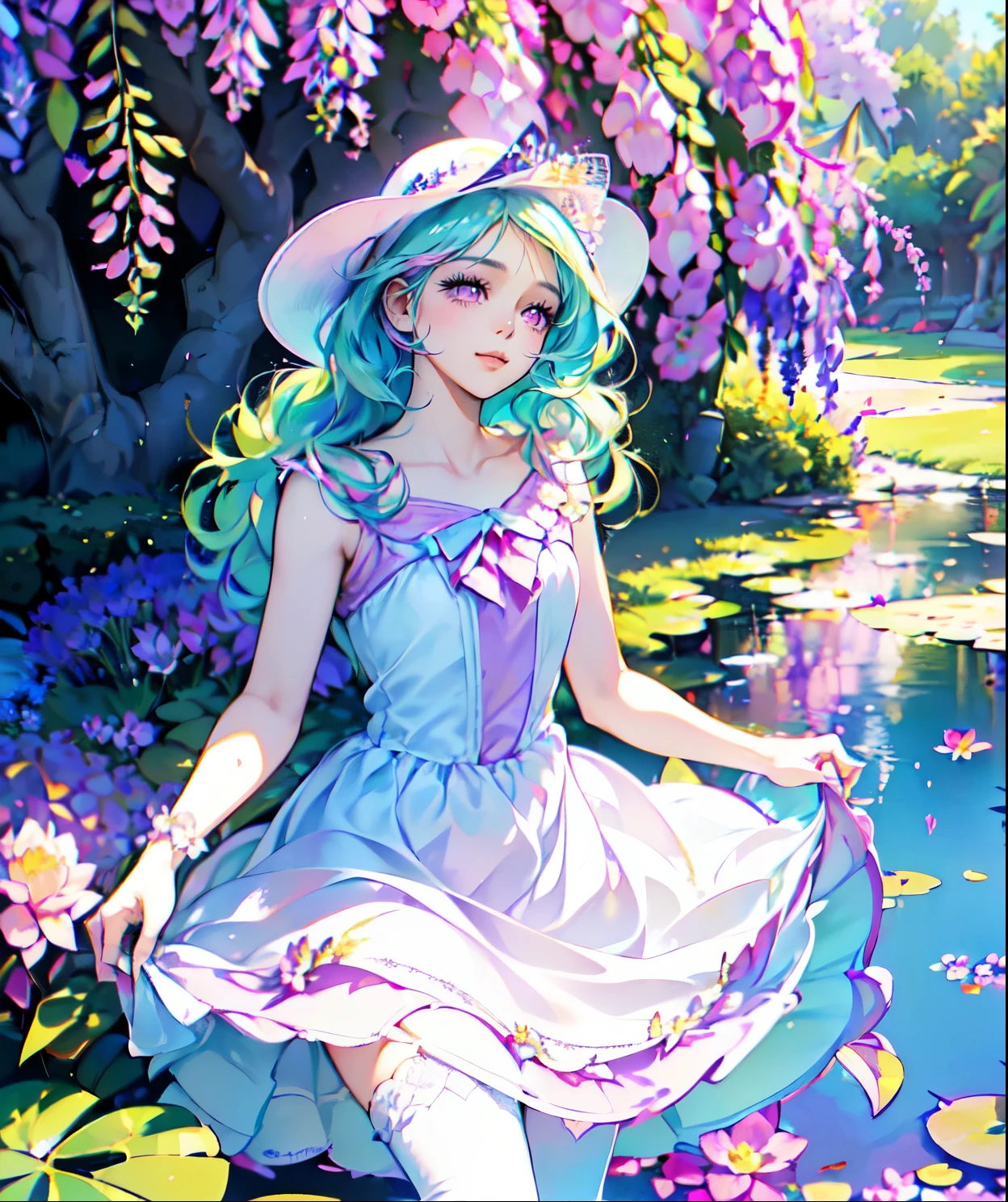 celestia, celestia from my little pony, celestia in the for of a young woman, solo, 1 girl, in a mythical garden: 2.0, ((light pink and purple and blue and green hair, wavy: 2.5, dark pink heavenly eyes: 1.5, wearing a pink and white dress, happy: 1.5, soft smile, her surroundings are ethereal, ((ultra realistic high quality top quality 4k)), one white thin really thin unicorn horn in her forehead: 3.0, bright sunny day, purple and pink flowers everywhere: 3.2, bushes, POND WITH LILY PADS: 3.0, jacaranda trees: 2.0, highly detailed jacaranda trees, green grass: 1.3, wearing a white summer hat with pink ribbon, royal dress,, dainty features: 2.0, like features: 2.0 two white cat ears: 1.0, ONE WHITE THIN THIN REALLY THIN HORN ON HER FOREHEAD, pure white skin, pink thigh high, highly detailed legging, white heel, shiny hair, slightly shiny skin, sun rise, morning, shining ponds, lavender flower everywhere, shining eyes, soft gentle smile cute pink soft light blush, LILAC EVERYWHERE, ((SIDED BANG))
