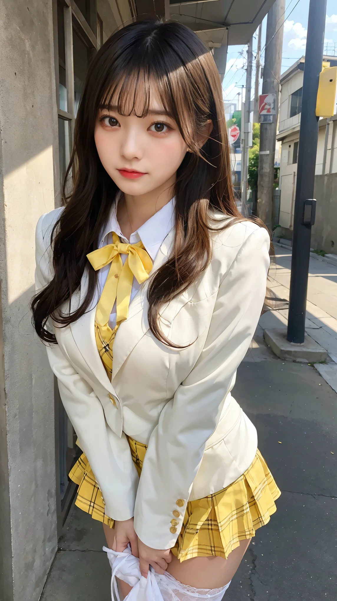 (masterpiece, best quality),
1girl, undressing, panty pull, white panties,
break, girl, , blazer, white collared shirt, yellow neck ribbon, checked skirt, black long hair, yellow eyes, large breasts, (wavy mouth:0.8), closed mouth, blush
break background outdoors, alley