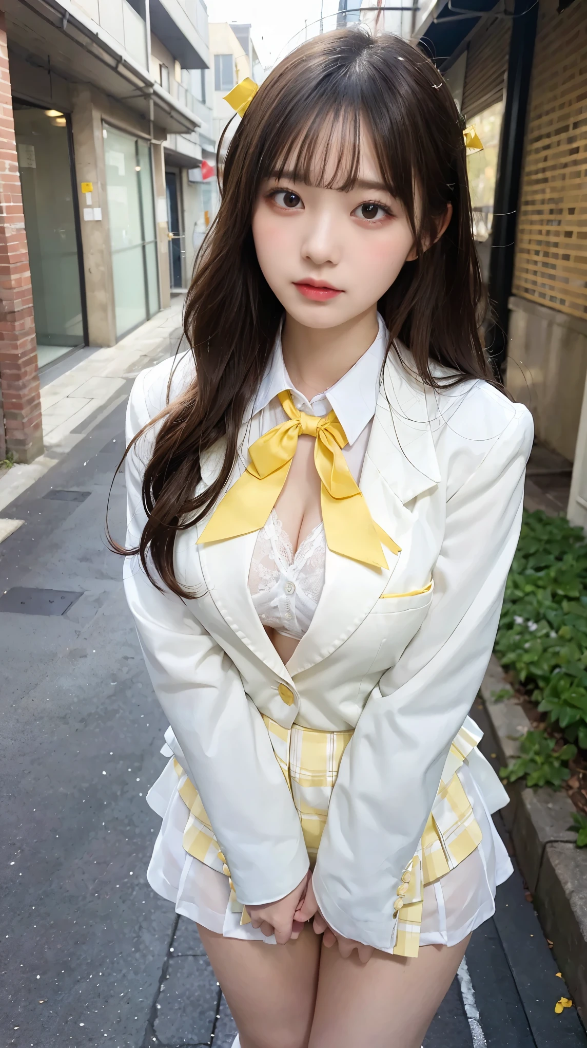 (masterpiece, best quality),
1girl, undressing, panty pull, white panties,
break, girl, , blazer, white collared shirt, yellow neck ribbon, checked skirt, black long hair, yellow eyes, large breasts, (wavy mouth:0.8), closed mouth, blush
break background outdoors, alley