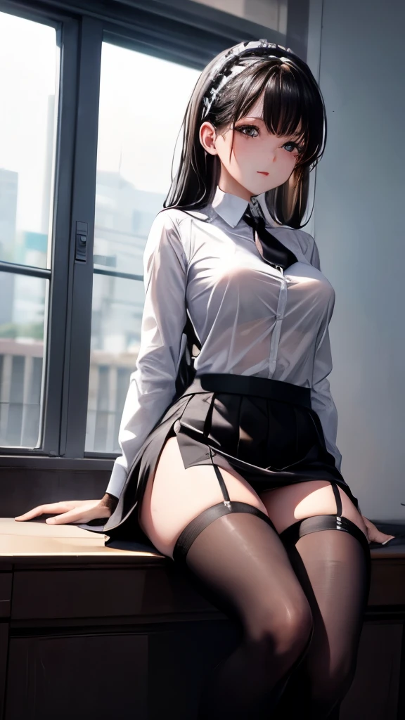 detailed, masterpiece, ultrahd, a girl walking, short black skirt, black skirt, skirt, wear office white shirt, button untie, wet shirt, well trained body, abs, stocking, long stocking, black long stocking til thigh, high heel. 8k