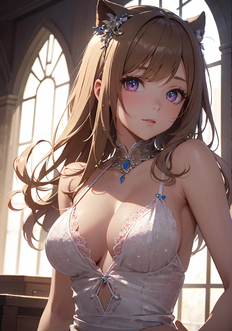 masterpiece, absurdres, best quality, ultra detailed, high Resolution, detailed illustration, extremely beautiful detailed face and eyes, bright colour, 1girl, (), cute face, Delicate beautiful face, magenta eyes, cute eyes, sparkling eyes, big eyes, medium breasts, (perky breasts:1.1), (pointy breasts:1.1), medium hips, glamorous body, white skin, happy, BREAK, long bob cut, (blonde hair:0.8), messy hair, detailed hair, shiny hair, BREAK sexy dress, tiny ribbon, cabaret club, real world, natural lights, perfect lighting,