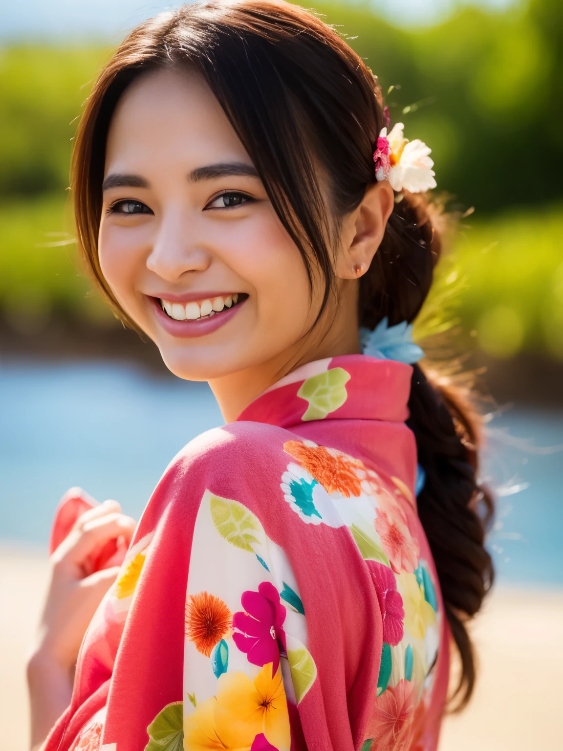 beautiful japanese woman、bright kimono、highest quality、masterpiece、Super high resolution、Photoreal、Look at the horizon、laughter、blurred background