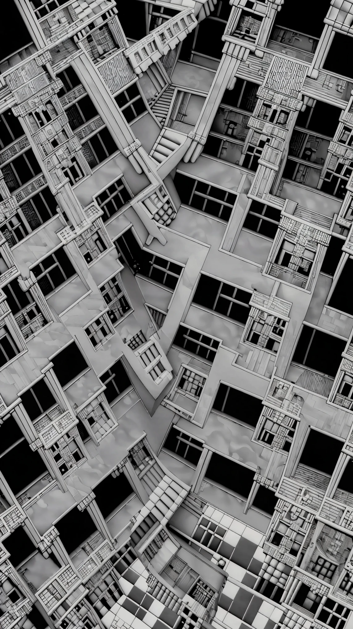 (8K, RAW photo, 最high quality, masterpiece: 1.2), high definition monochrome art, Professional photography, picture of a building with a clock tower, ((MC Escher Architecture)), MC Escher illustration, trickart, trompe l'oeil:1.5, (((時計塔と階段のtrompe l'oeil))), very detailed, a black and white photo, masterpiece, high quality, high quality, High resolution, Art Works, (((MC Escher Style Art:1.5)))