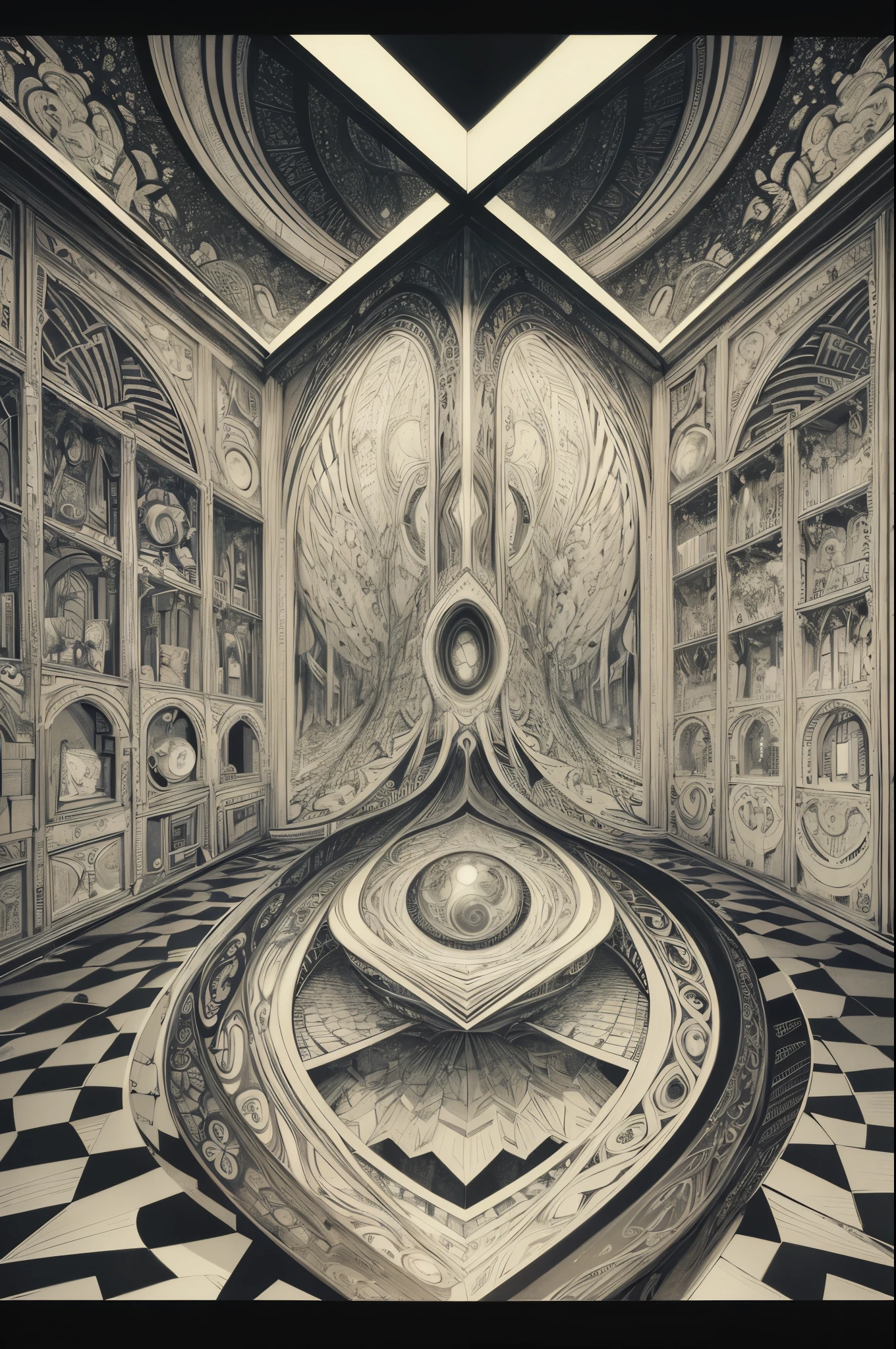 best quality,ultra-detailed,realistic,MC Escher,Mind-bending illusions,mathematical art,illusionary landscapes,impossible shapes,precise symmetry,Penrose stairs,impossible perspectives,tessellations,detailed line work,monochrome,black and white,ink on paper,geometric precision,complex patterns,visual paradoxes,distorted reality,surrealism,optical illusions,optical trickery,meticulous details,meticulous shading,contrasting light and shadow,visual tension,ingenious designs,abstract concepts,perception,precision drawing,dexterity,artistic multiplication,impossible transformations,sculptural illusions,illusion of movement,disorienting spaces,architectural puzzles,optical riddles,mind games.