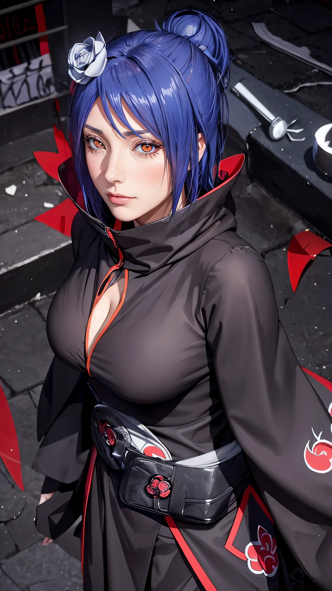 （（（akatsuki outfit，Xiao clothing, ninja, black cloak,black coat, （（（danya，konan \(naruto\),konan, blue hair, Orange pupils, short hair, hair ornament, flower, hair flower, ））），（（（wide hips））），S-shaped body:1.7））），((masterpiece)),high resolution, ((Best quality at best))，masterpiece，quality，Best quality，（（（ Exquisite facial features，looking at the audience,There is light in the eyes，shy，blush，pain，endure ））），（（（Light and shadow interlace，super gigantic ，cleavage））），（（（looking into camera，from above，looking down，抬头looking into camera，white paper airplane，white paper）））