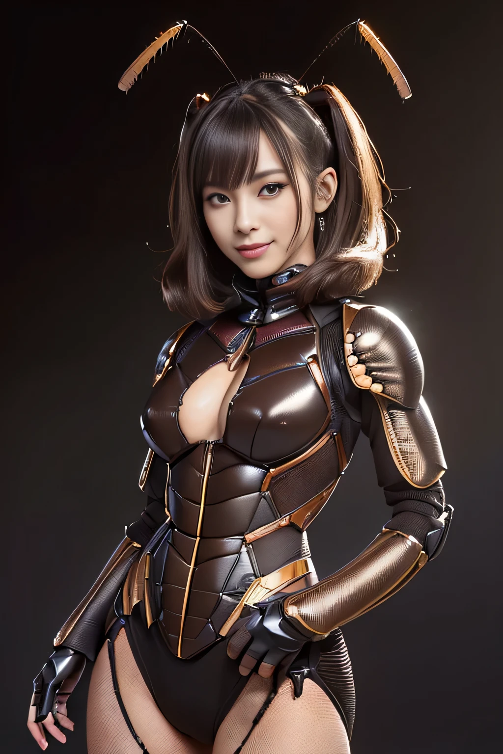 (High resolution,masterpiece,highest quality,Very detailed CG, anime, official art:1.4), realistic, photograph, amazing detail, all complicated, luster and luster,great many layers, 8k wallpaper, 3D, sketch, cute, figure,( alone:1.4), perfect female proportions,villain&#39;s daughter, (Fusion of dark brown cockroach and lady:1.4), (brown cockroach form lady:1.2), (brown cockroach woman:1.2), (Fusion:1.2), (alone:1.4), (evil smile:1.2), muscular, abs, (Cockroach brown exoskeleton bio insect suit:1.4), (Cockroach brown exoskeleton bio insect armor:1.2), (brown transparent cockroach feathers:1.4), (brown cockroach antenna:1.3),