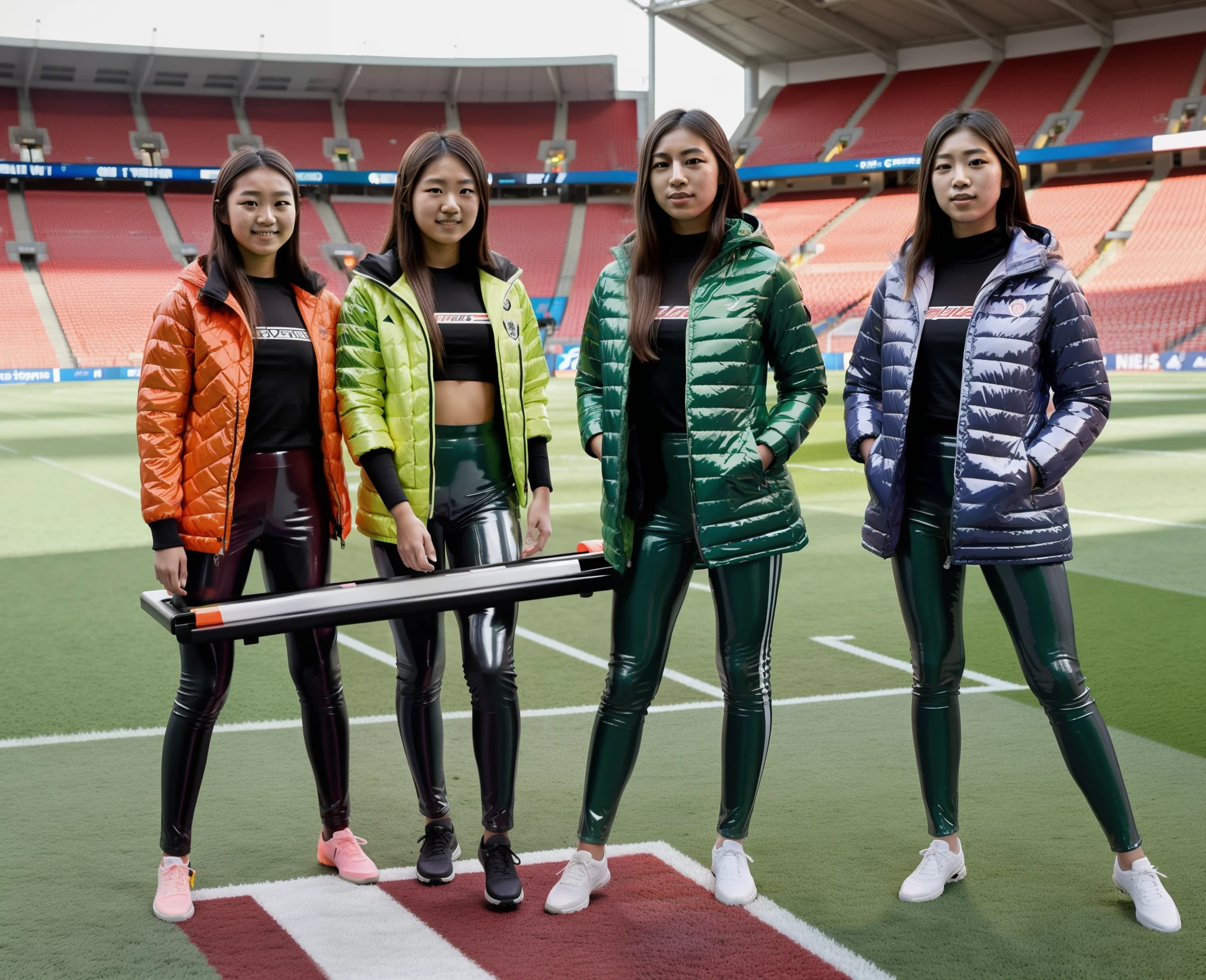 Inside a soccer stadium with intense green turf four japanese girls in high gloss brilliant and shiny quilted puffer jackets and vinyl leggings are holding a medical stretcher with an orange PVC-surface