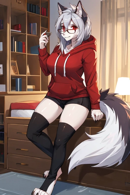 ((((((1 boy)))))), fluffy white hair, wolf ears, Wolf tail, slender figure, ((pale skin)), red eye, dead expression, Living room furniture, seductively complacent, wide black hoodie, slender figure, large thighs, very narrow waist, extremely big butt, Bulge, Socks, Blush, With bare upper body