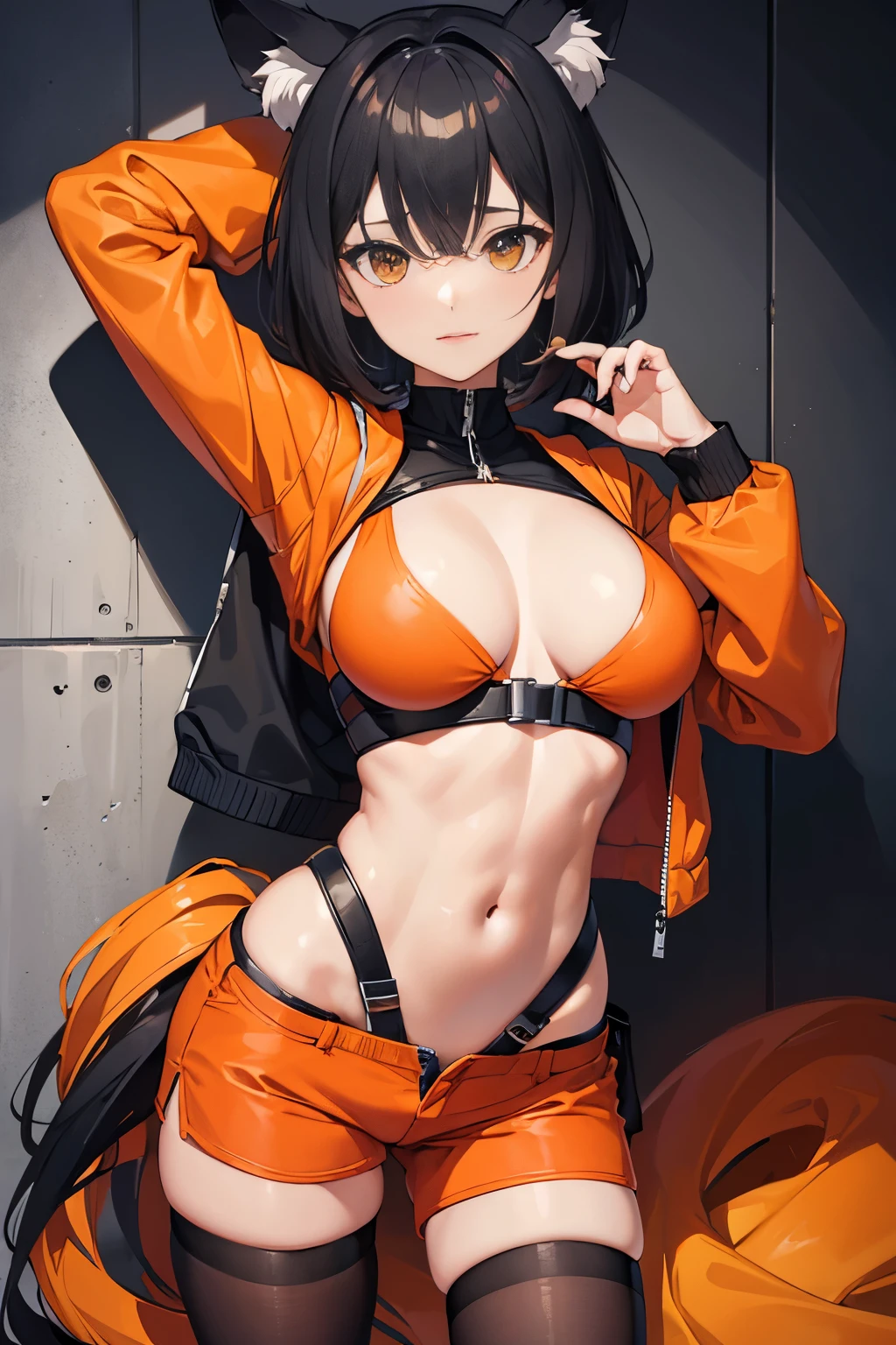 ((masterpiece, best quality, high resolution)), expressive eyes, perfect face, solo, 1girl, short hair, black hair, orange eyes, orange sweater, orange shorts, black bodysuit, abs, muscular, wolf ears, wolf tail