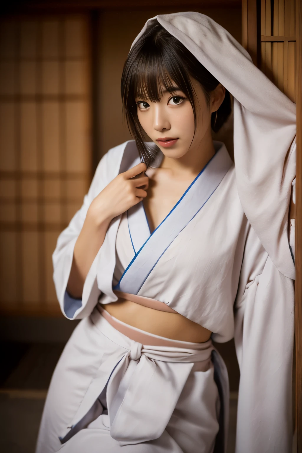 (RAW photo:1.2), (realistic), beautiful detailed girl, very detailed eyes and face, beautiful and fine eyes, huge file size, High resolution, very detailed, highest quality, [table top:1.6], figure, very detailed, small details, highest quality, 8K Dende Wallpaper, movie lighting, girl, female martial artist, Karate Poses, on top of tatami, dojo, A torn and tattered gi,  I can see my underwear., Her judo uniform is torn、her white bra is visible, white lace bra, ponytail, serious expression, Bra straps are out of place, I can see my underwear.よ,  My uniform pants were torn.,  I can see white cotton pants, slim body, young face, small chest, 空手dojo